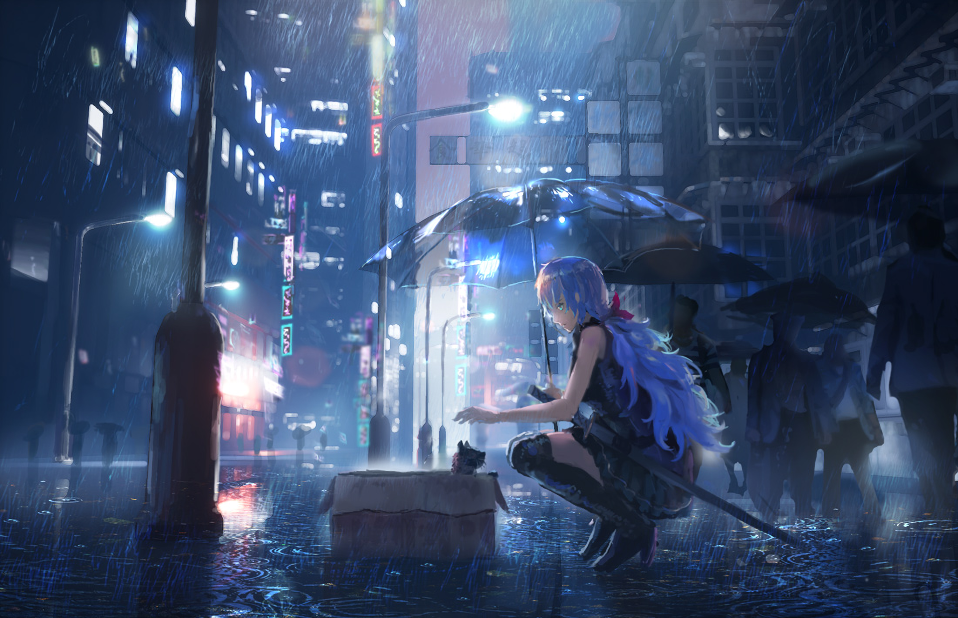 4K Girl In The Rain With Cat Wallpapers