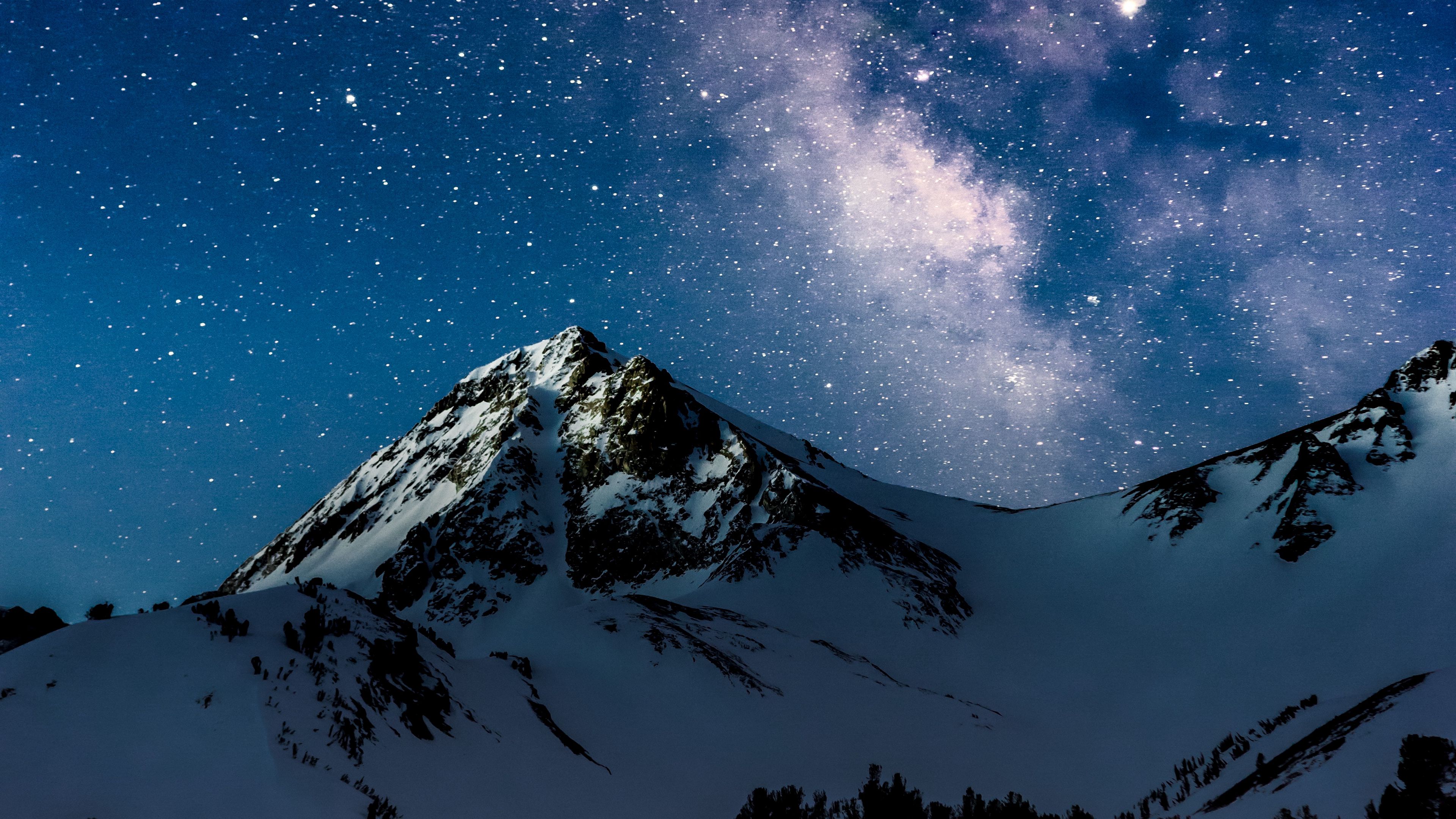 4K Starry Sky Above Snow Covered Mountains Wallpapers