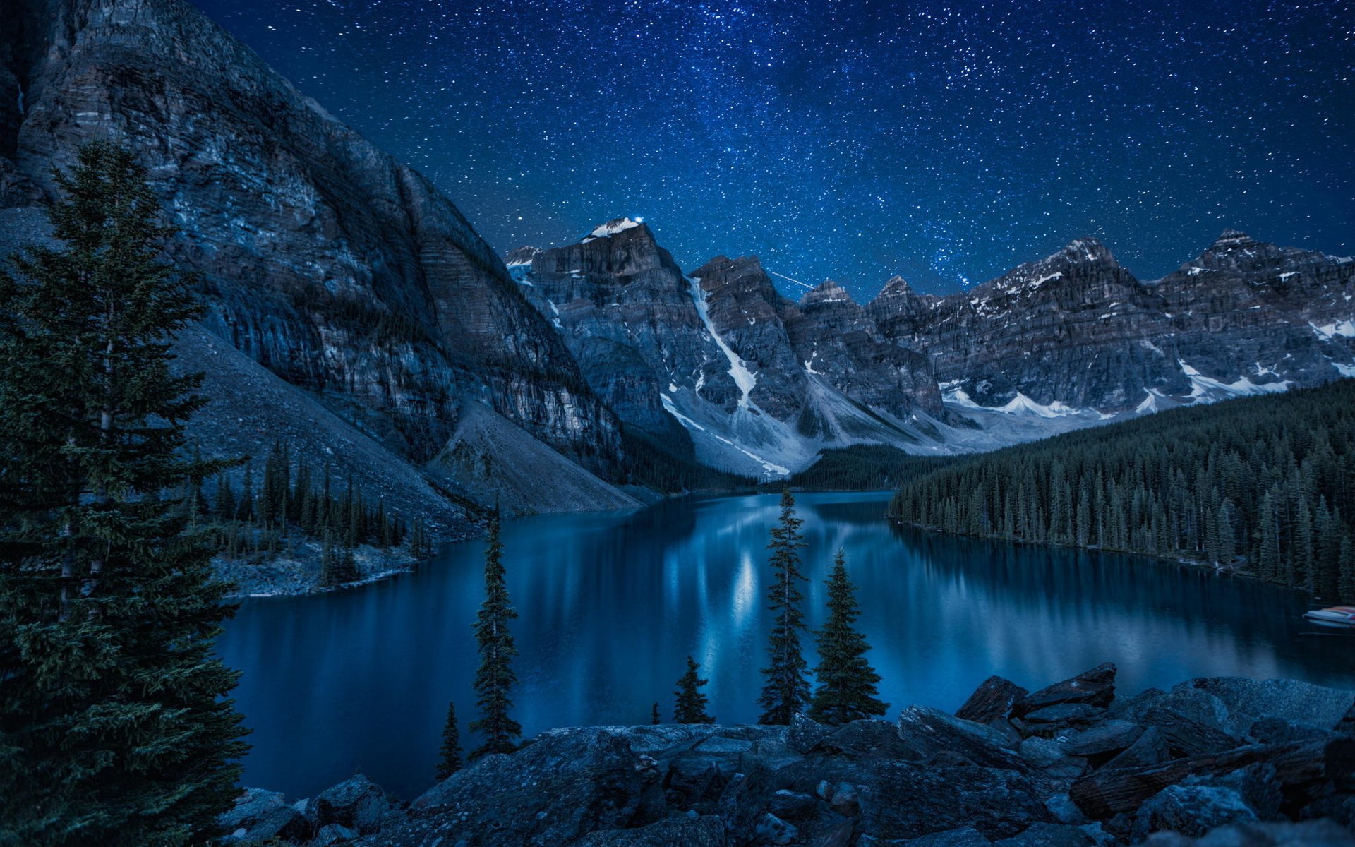 Amazing Starry Night Over Mountains And River Wallpapers