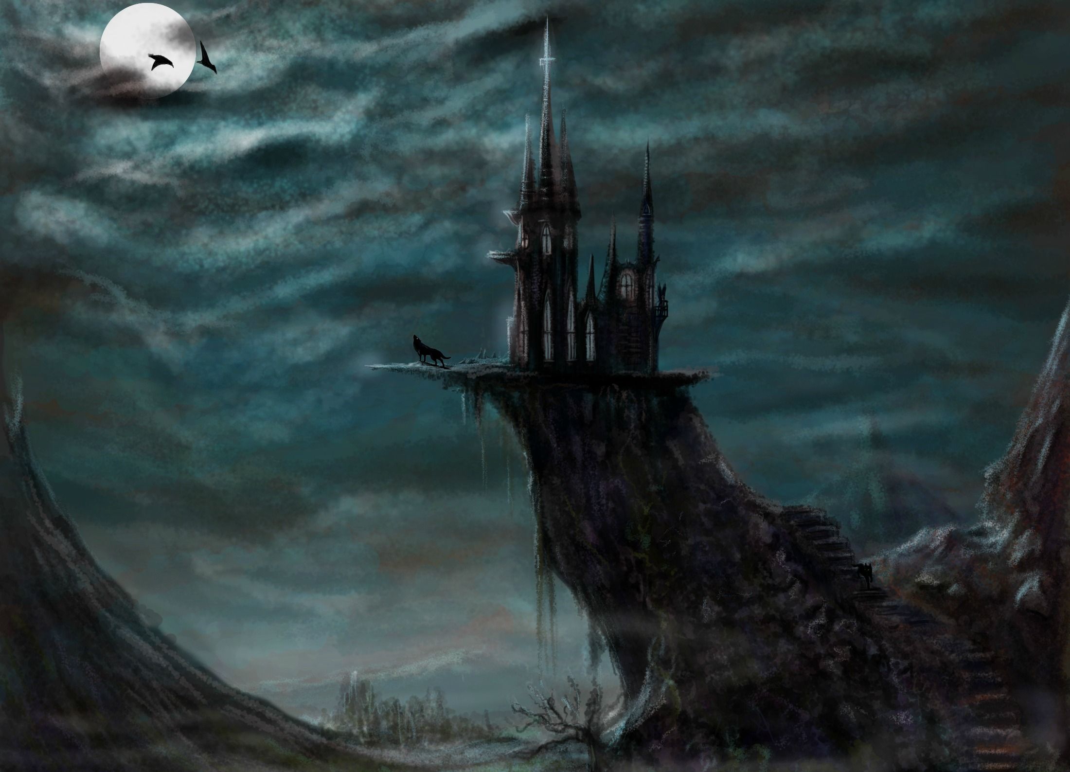 Ancient Castle And Moon Art Wallpapers