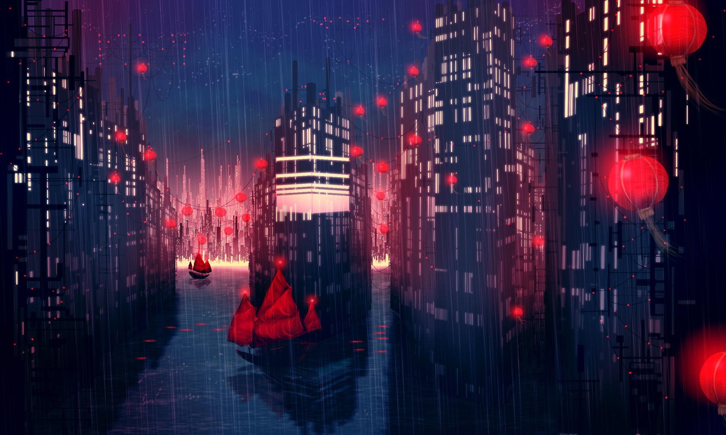 Anime City Lights At Night Aesthetic Wallpapers