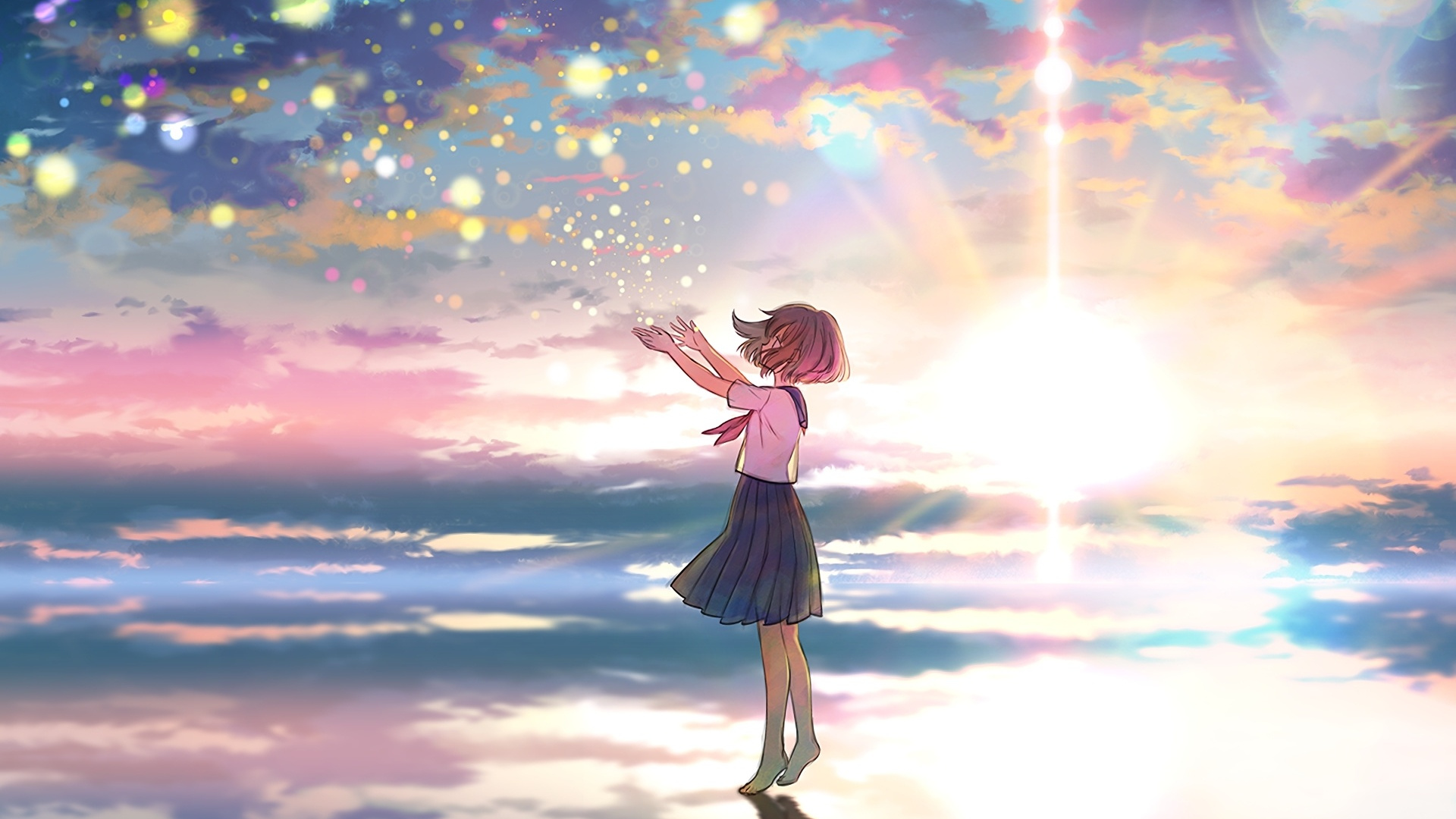 Anime Girl And Colorful Sky Wallpapers