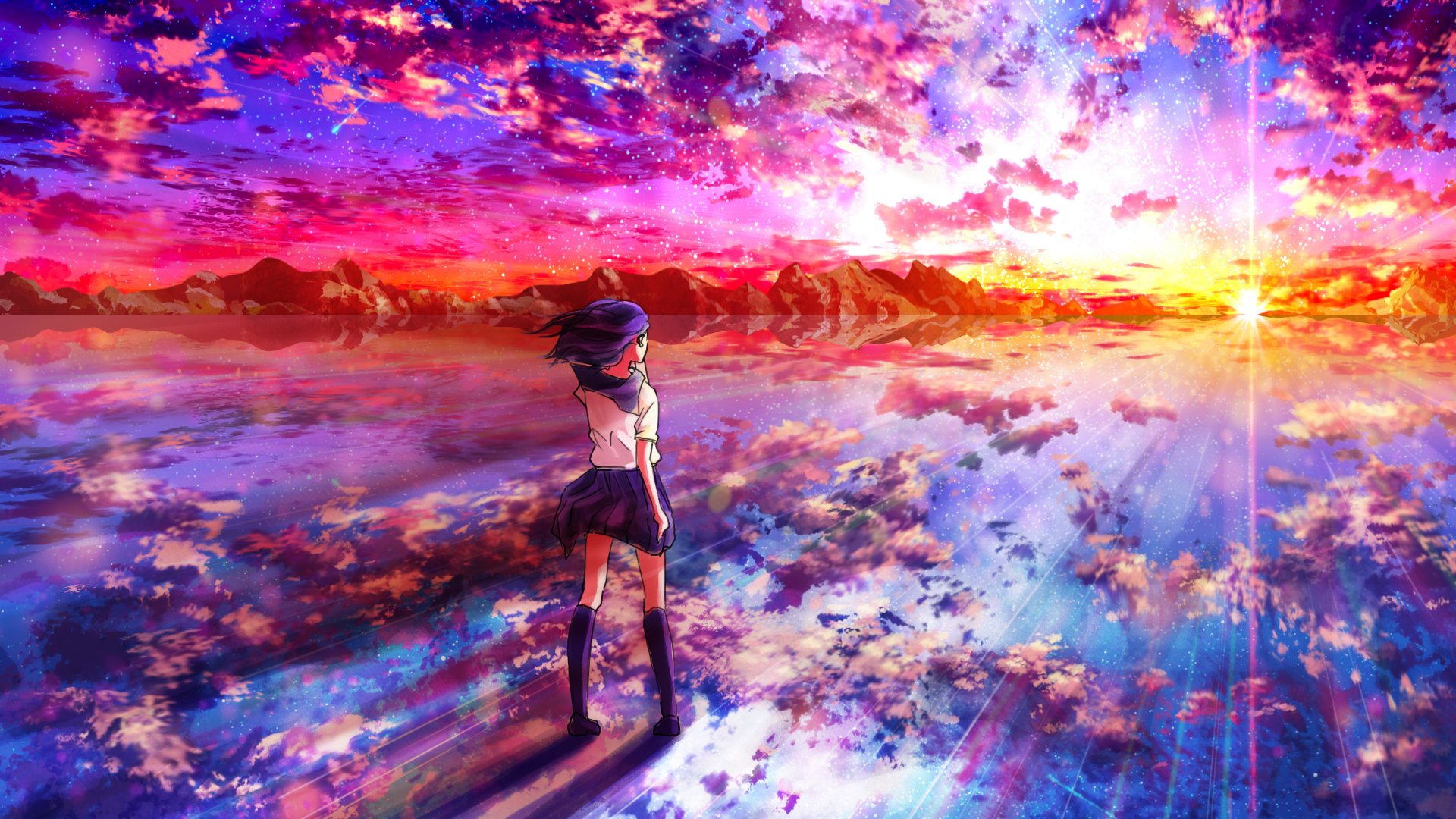 Anime Girl And Colorful Sky Wallpapers