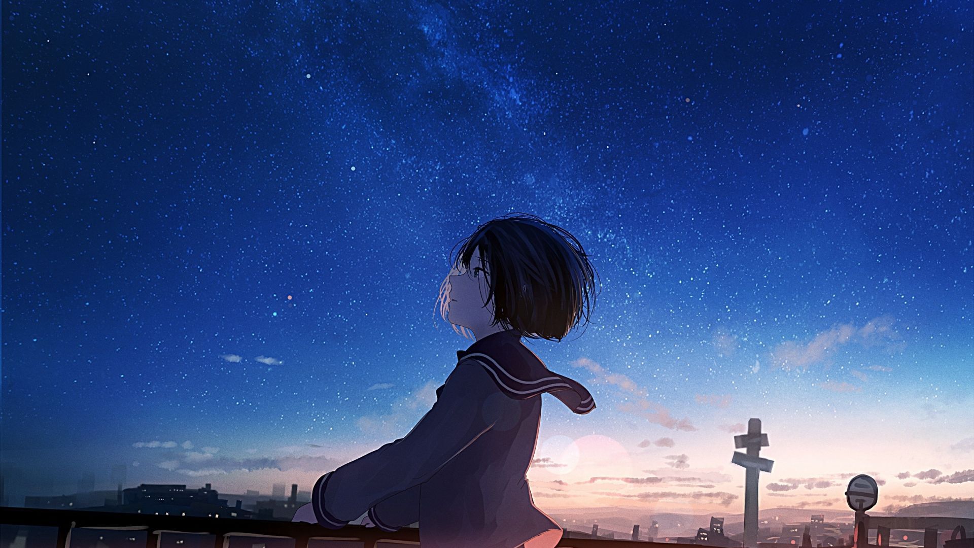 Anime Girl At Starry Night Wallpapers