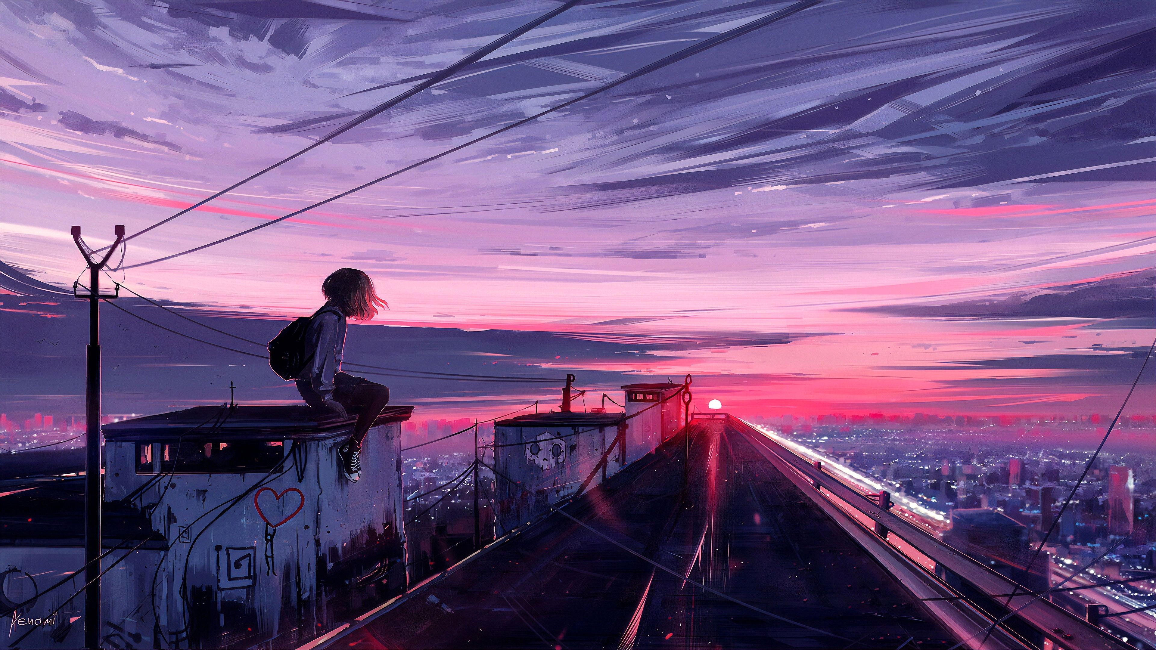 Anime Girl In Balcony Cityscape Sea And Sunset Wallpapers