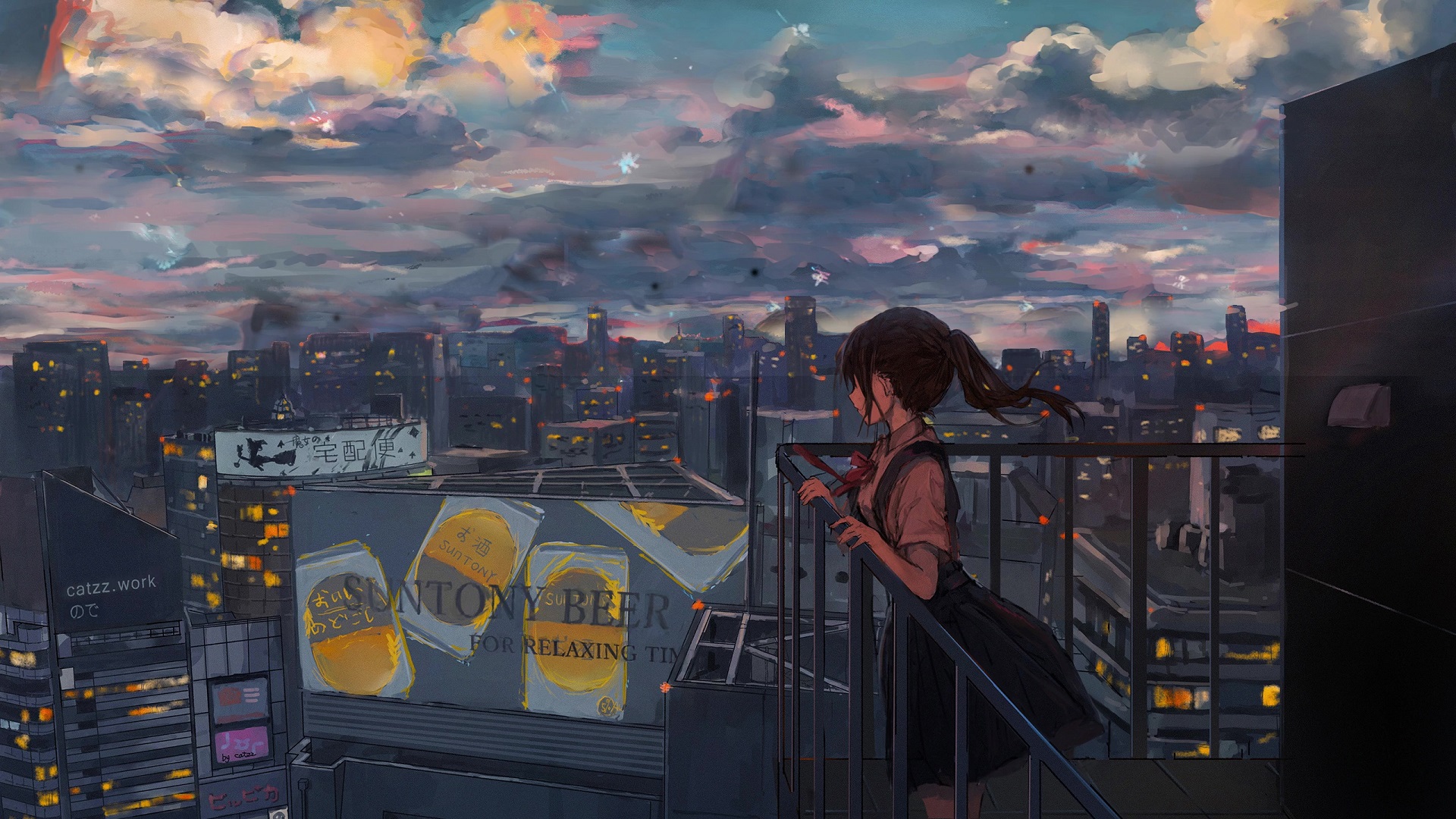 Anime Girl In School Uniform Watching City Sky Wallpapers