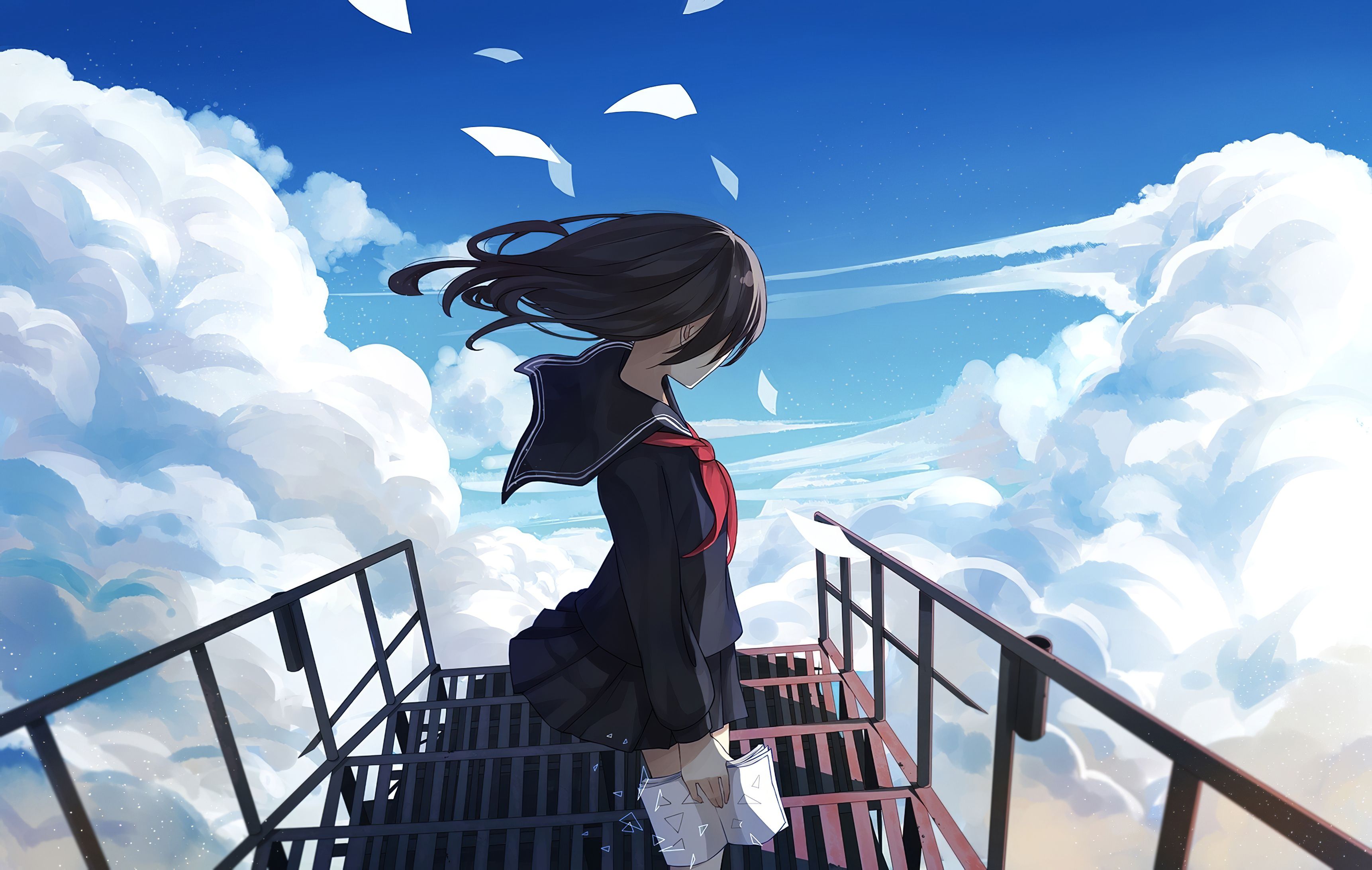 Anime Girl In School Uniform Watching City Sky Wallpapers