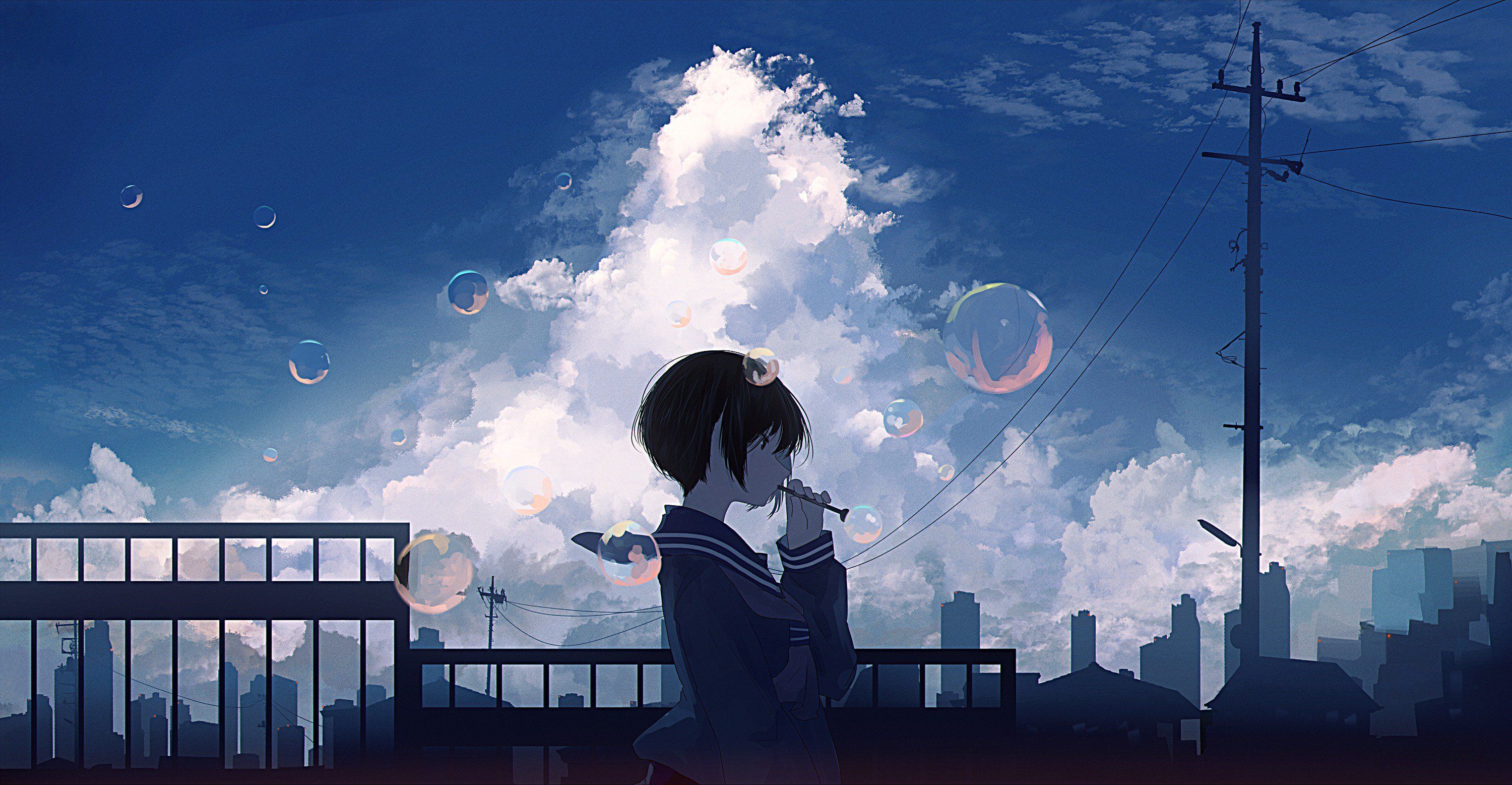 Anime Girl In School Uniform Watching City Sky Wallpapers