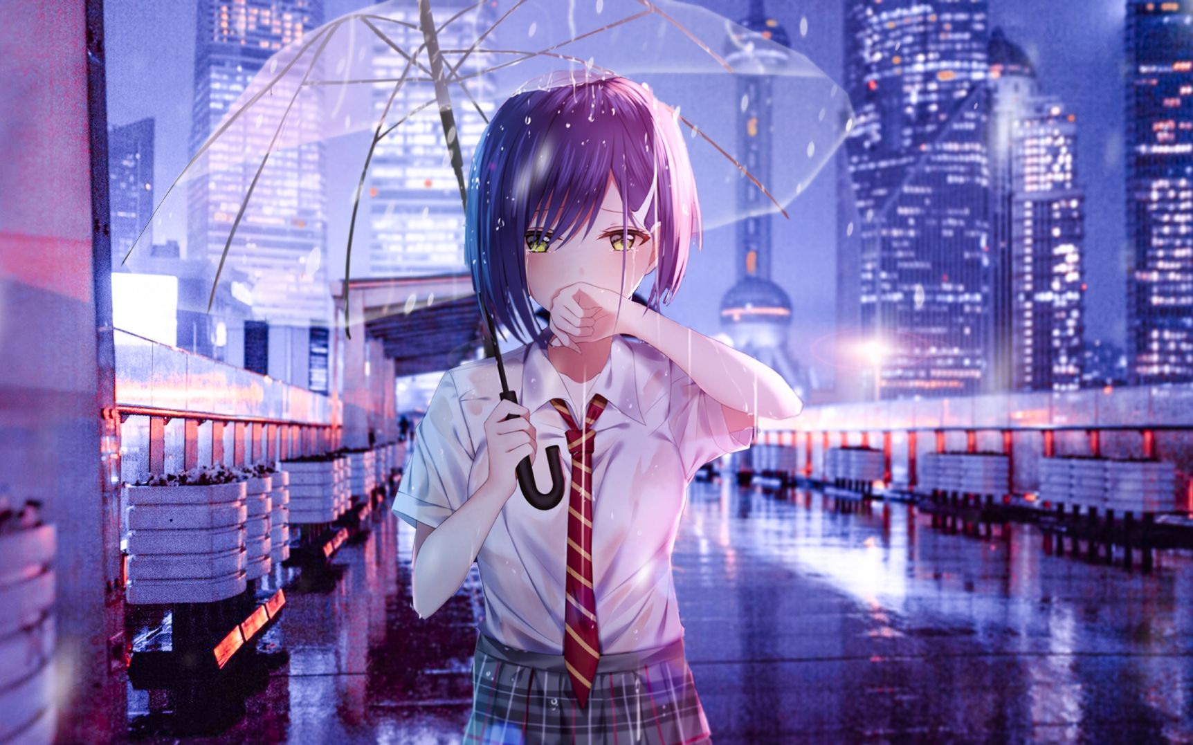 Anime Girl In School Uniform Watching City Sky Wallpapers