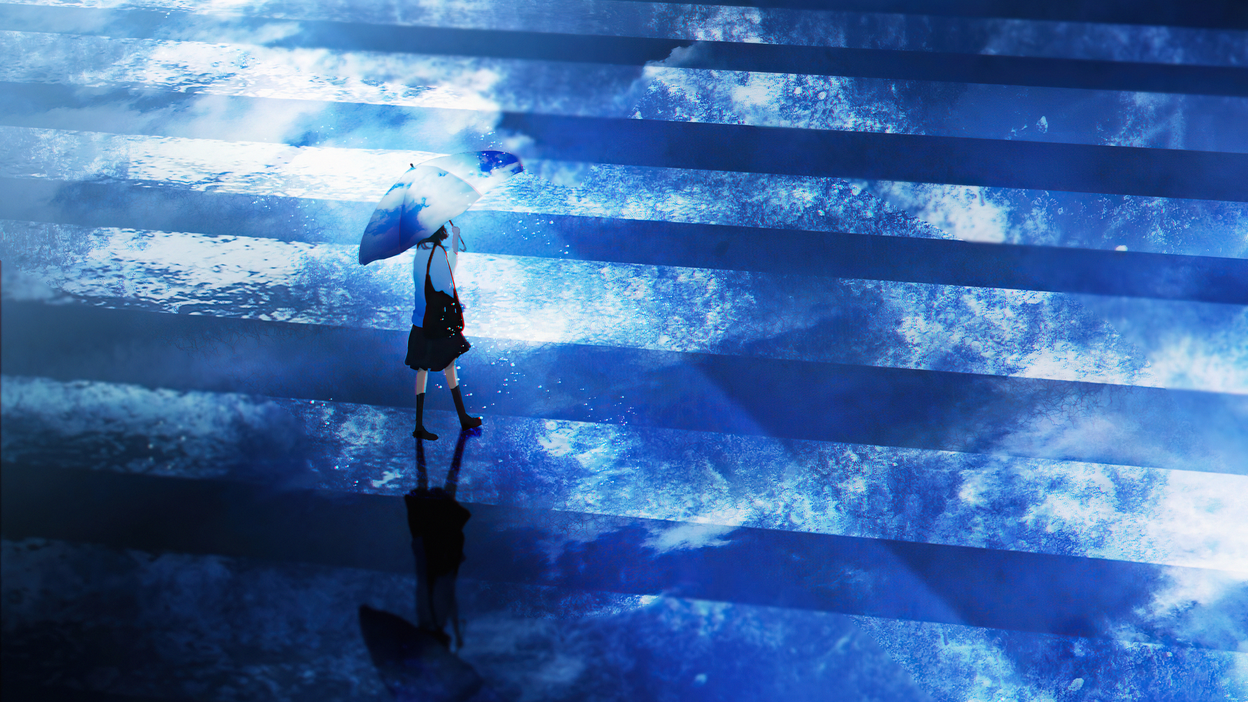 Anime Girl Walking With Umbrella Art Wallpapers