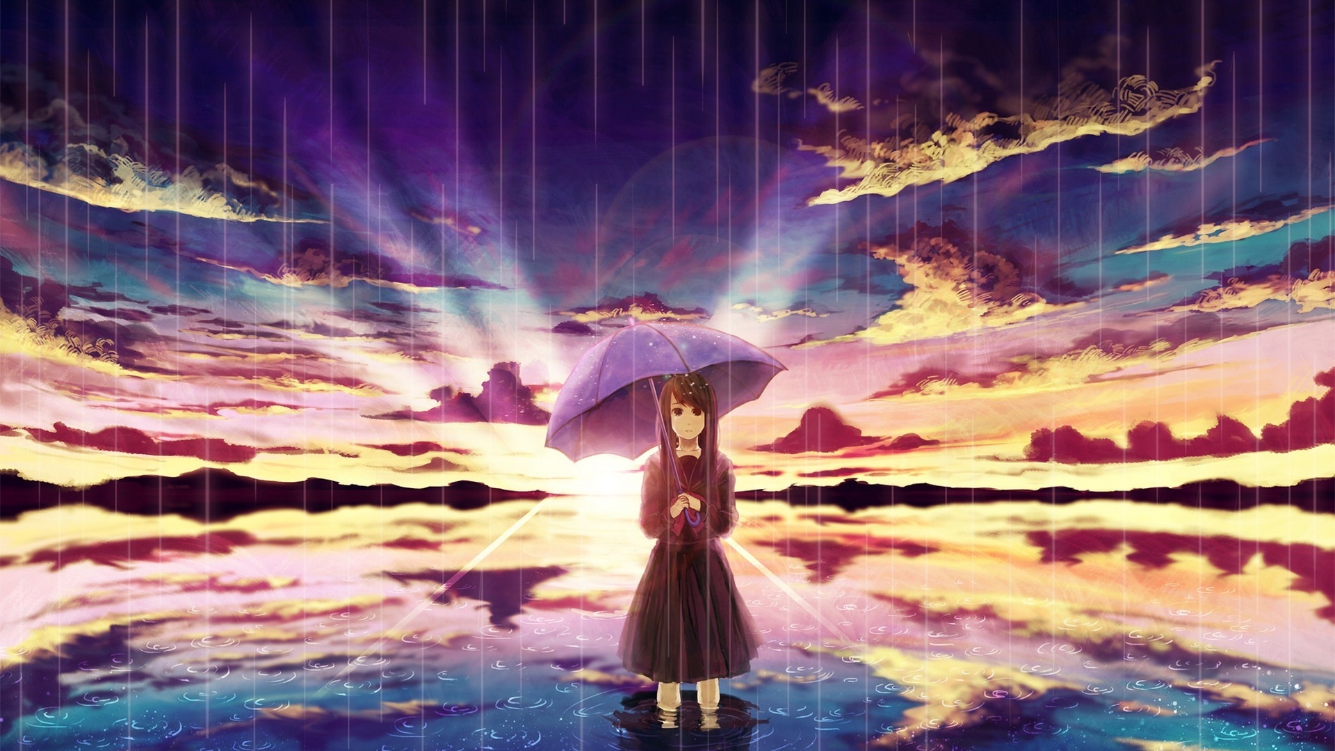 Anime Girl Walking With Umbrella Art Wallpapers