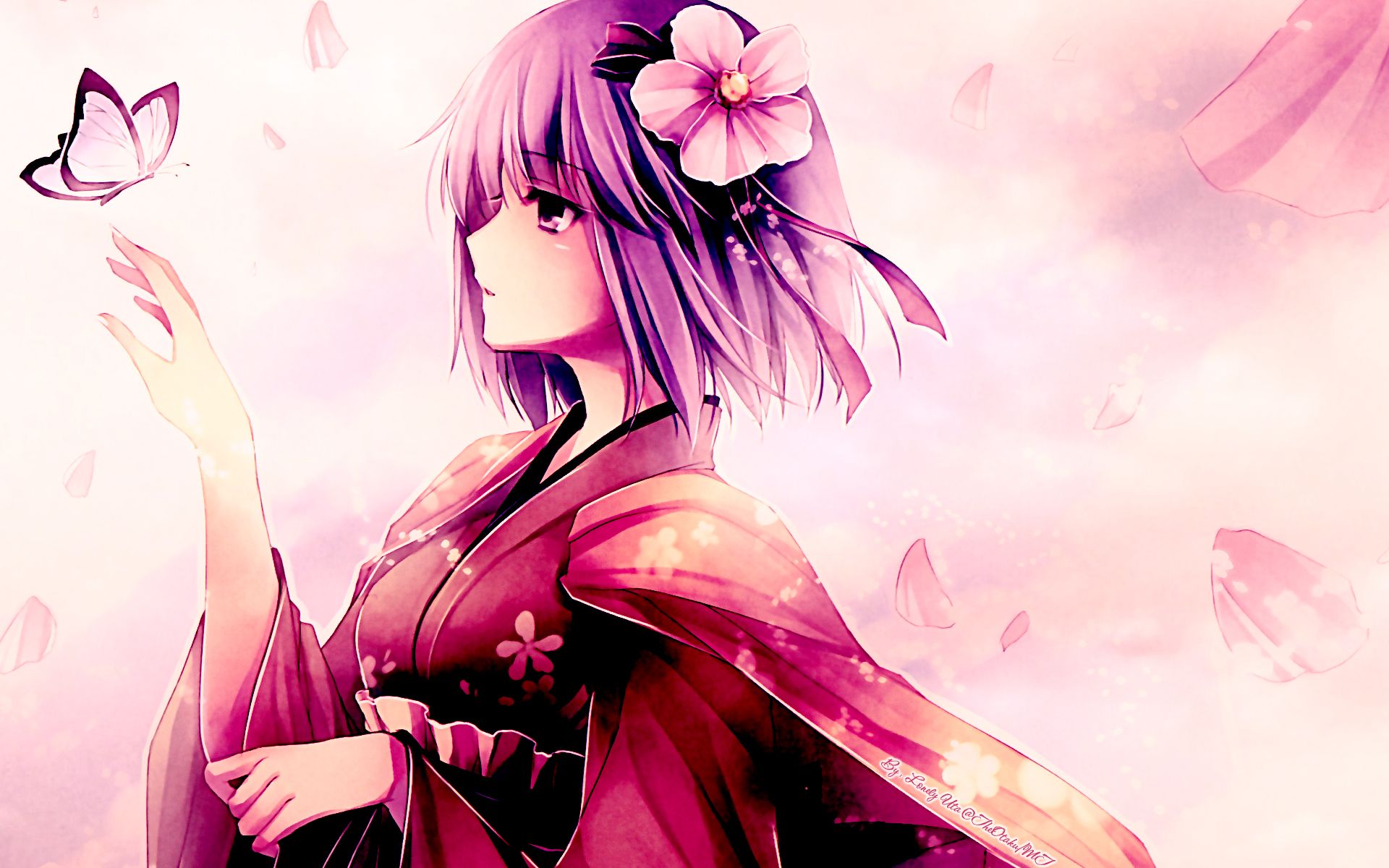 Anime Short Hairs Butterfly Dress Flowers Wallpapers