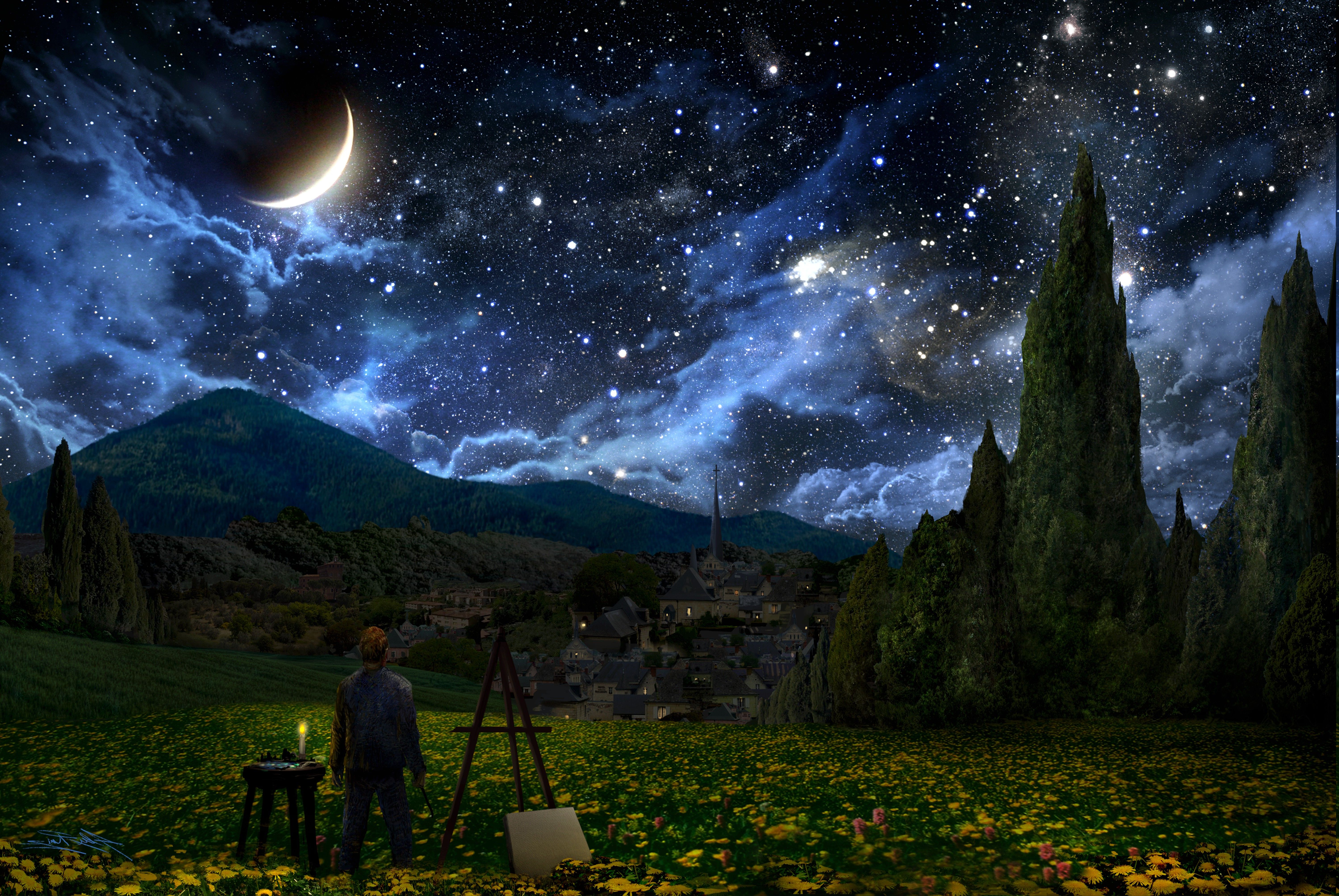 Artistic Full Moon In Starry Night Sky Wallpapers