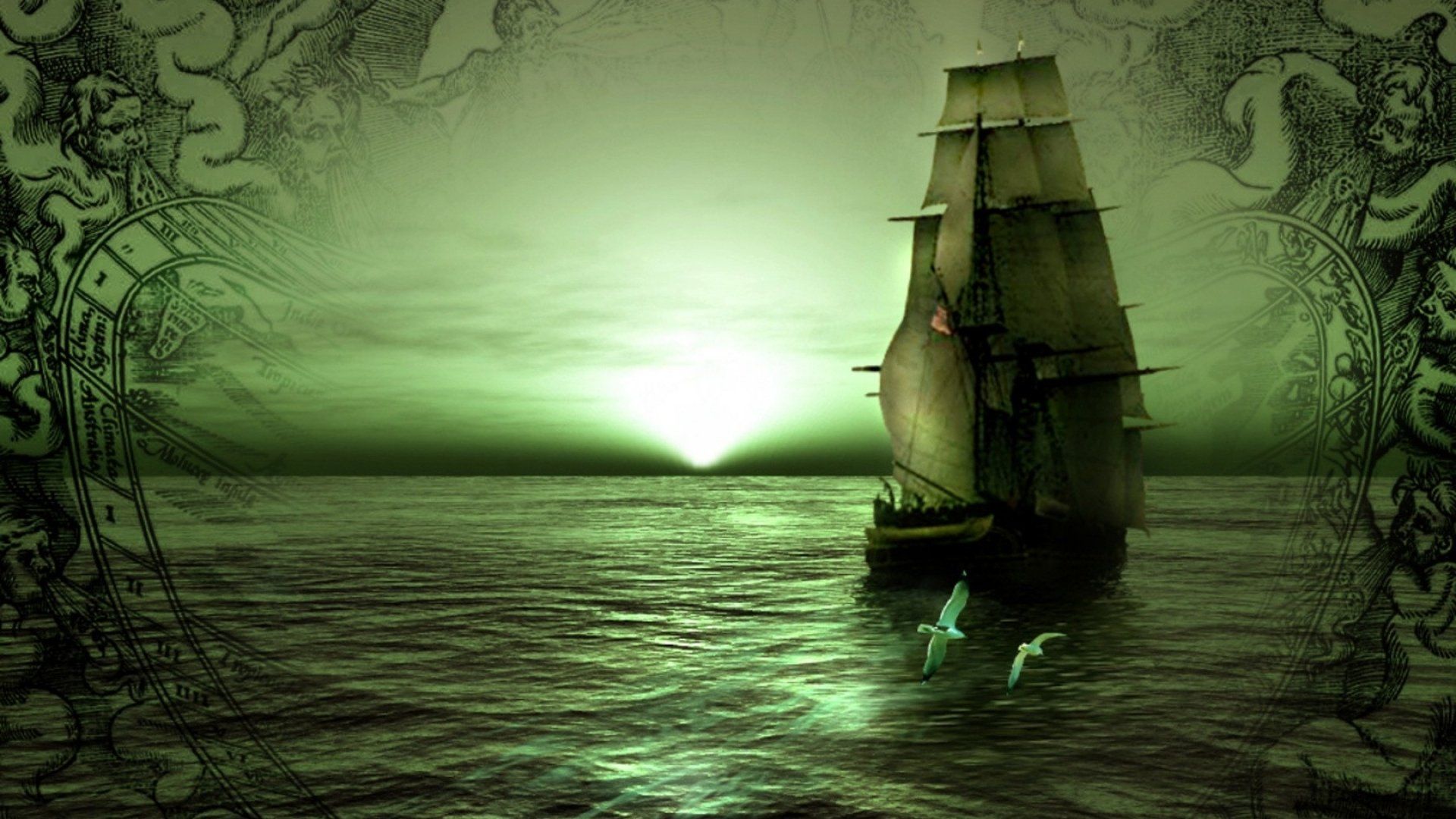 Artistic Sailing Ship In Ocean
 Wallpapers