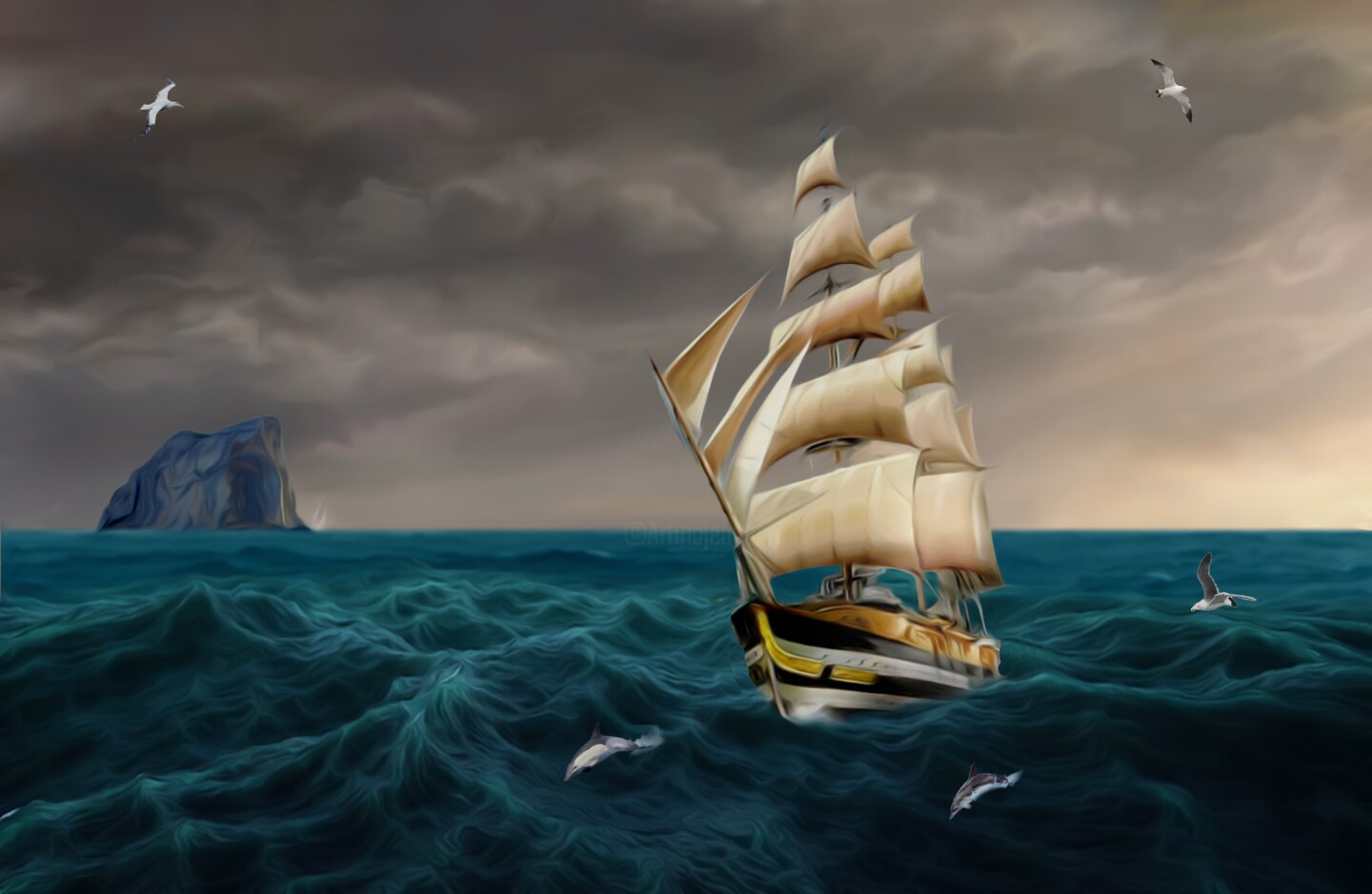 Artistic Sailing Ship In Ocean
 Wallpapers