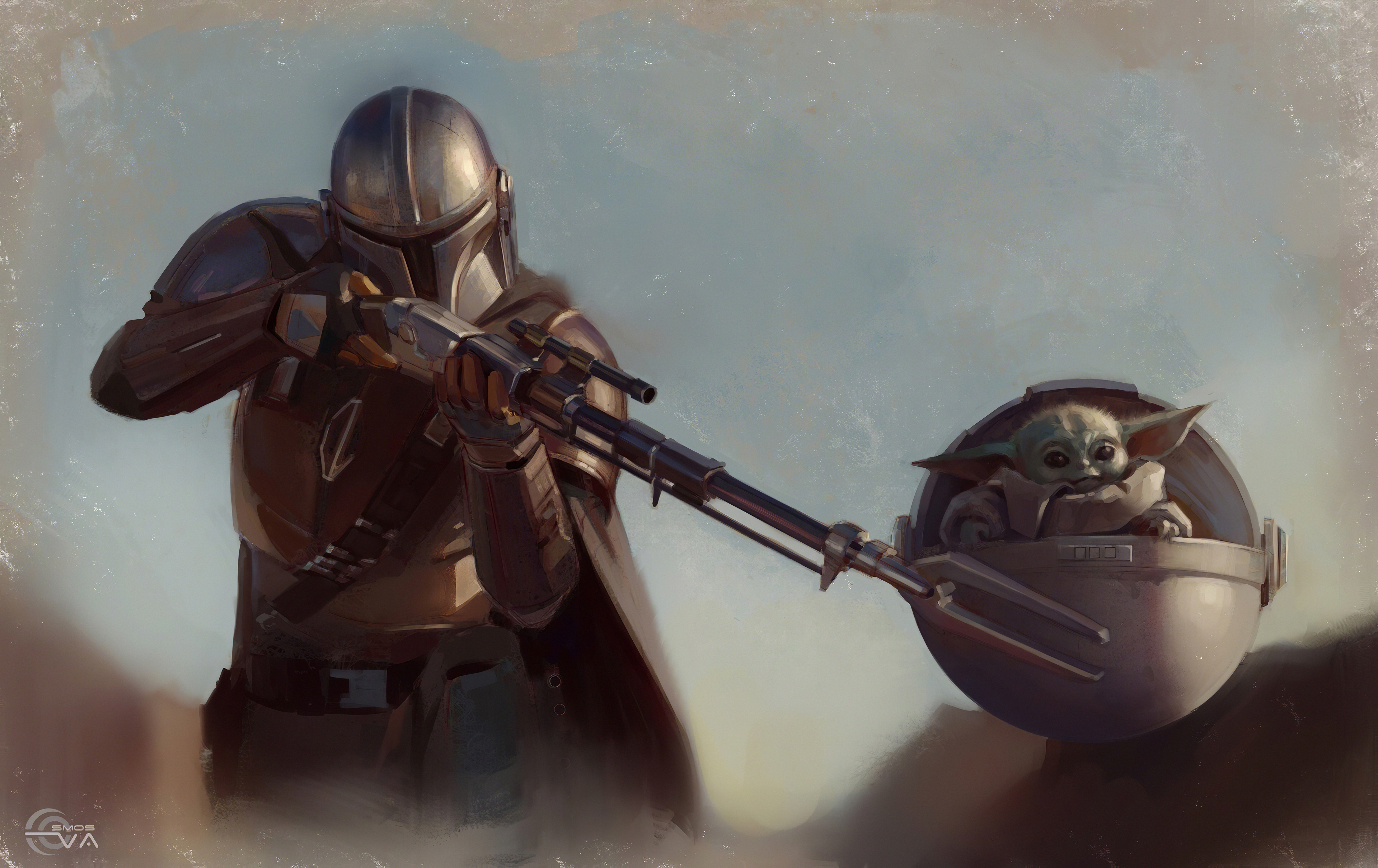 Baby Yoda And Mandalorian 4K Art Wallpapers