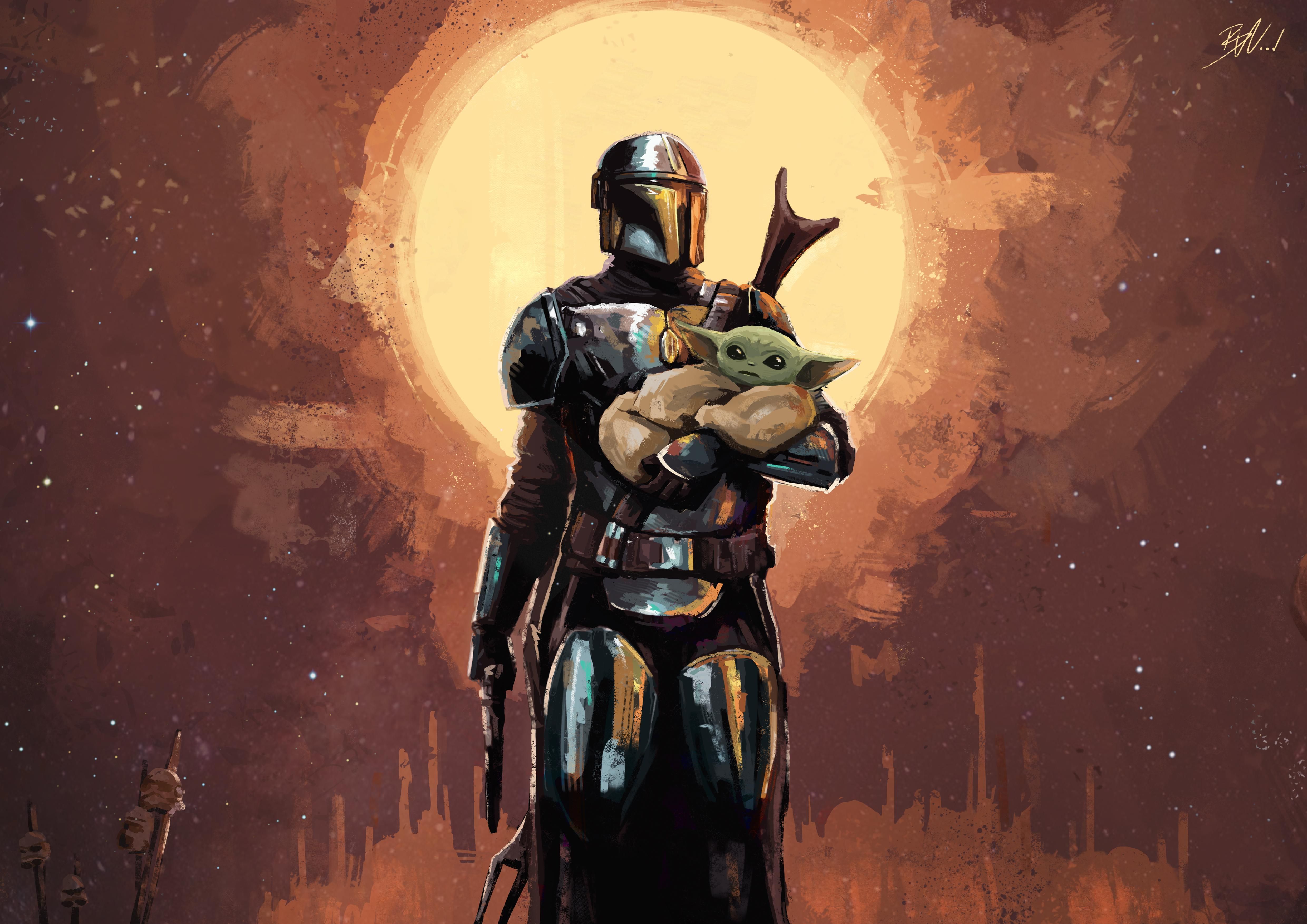 Baby Yoda And Mandalorian Fanart Wallpapers