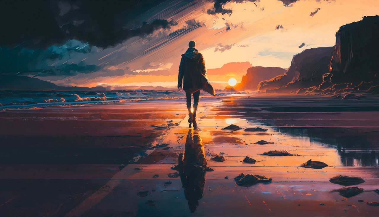 Beach Evening Walk Art Wallpapers