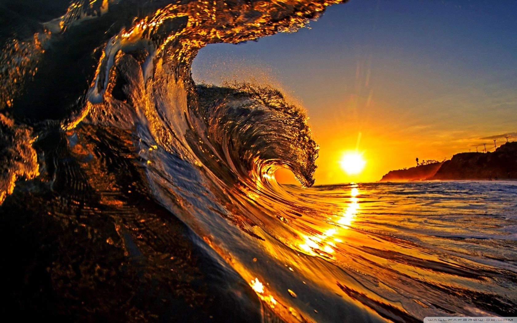 Beach Sunset Waves Desktop Wallpapers