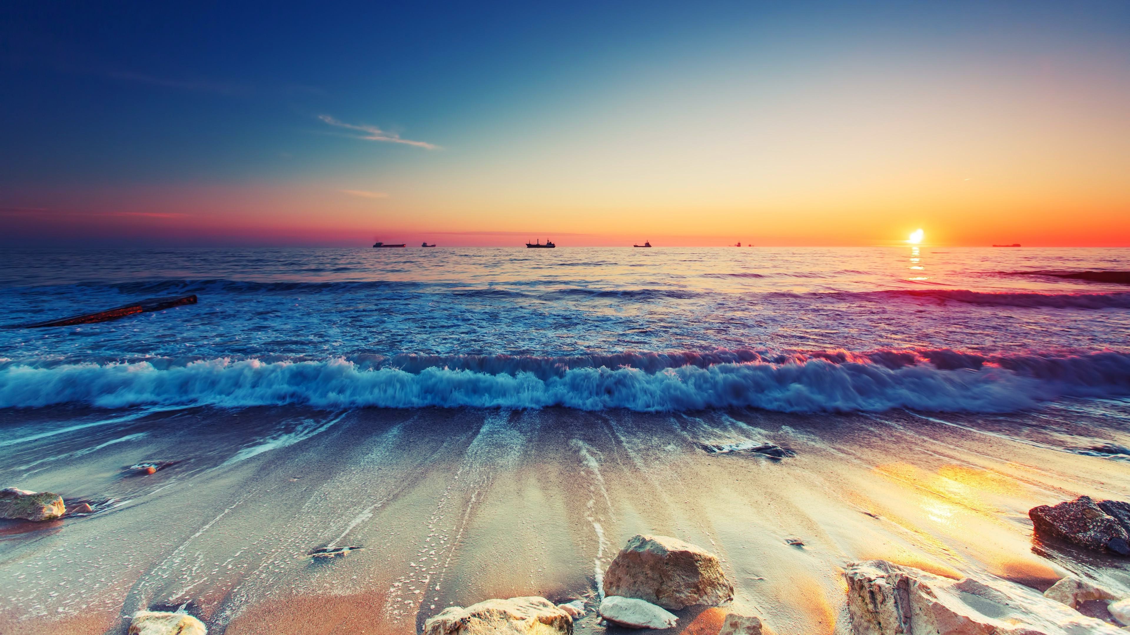 Beach Sunset Waves Desktop Wallpapers