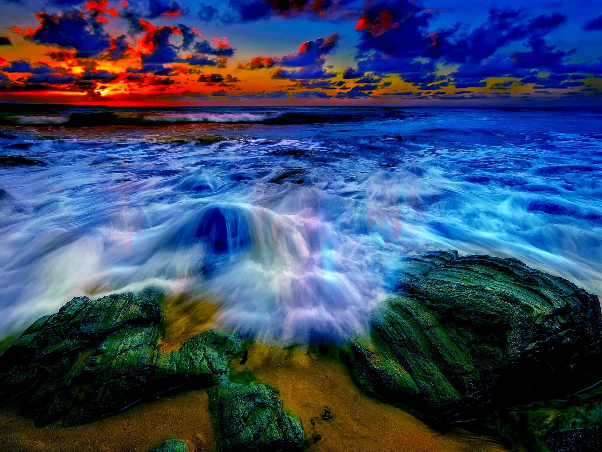 Beach Sunset Waves Desktop Wallpapers