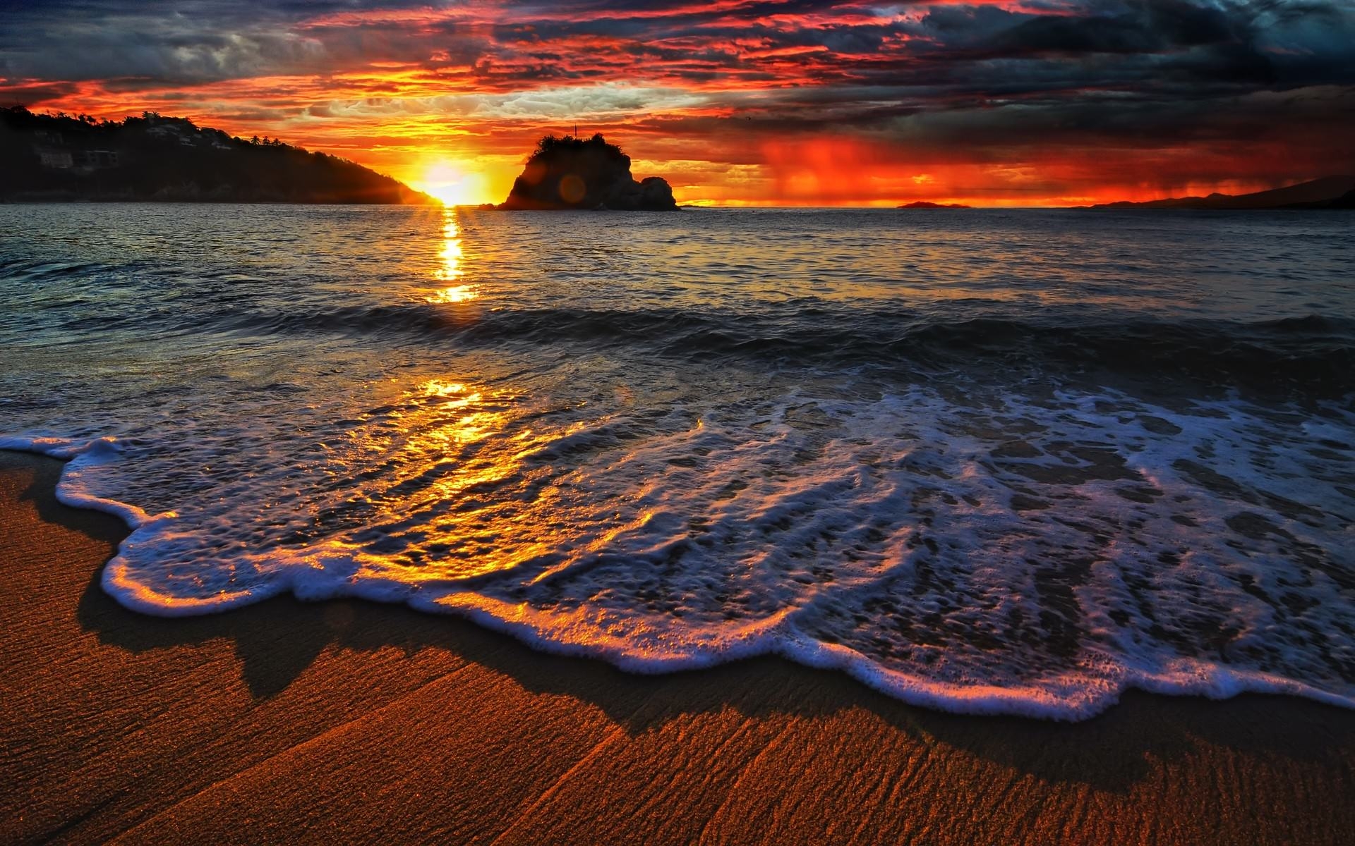 Beach Sunset Waves Desktop Wallpapers