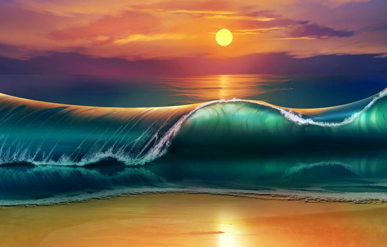 Beach Sunset Waves Desktop Wallpapers