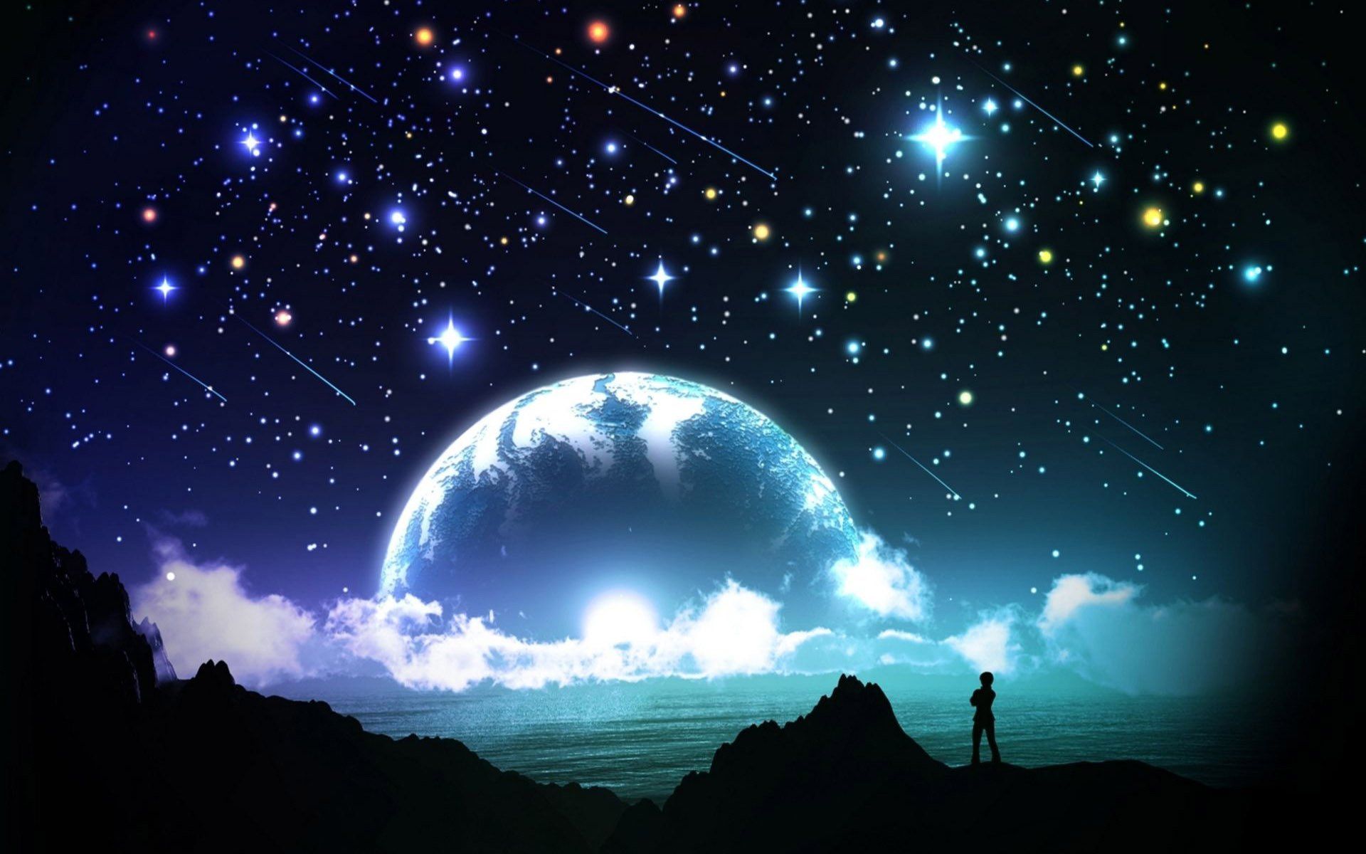 Blue Night Moon Stars Earth Wallpapers