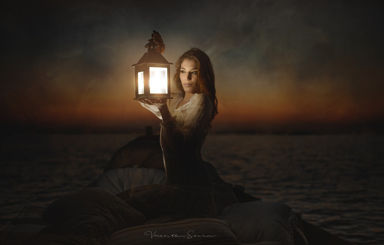 Boat, Lantern And Girl In Dark Night Art Wallpapers