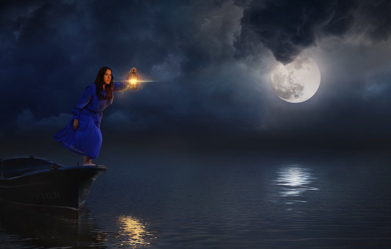 Boat, Lantern And Girl In Dark Night Art Wallpapers