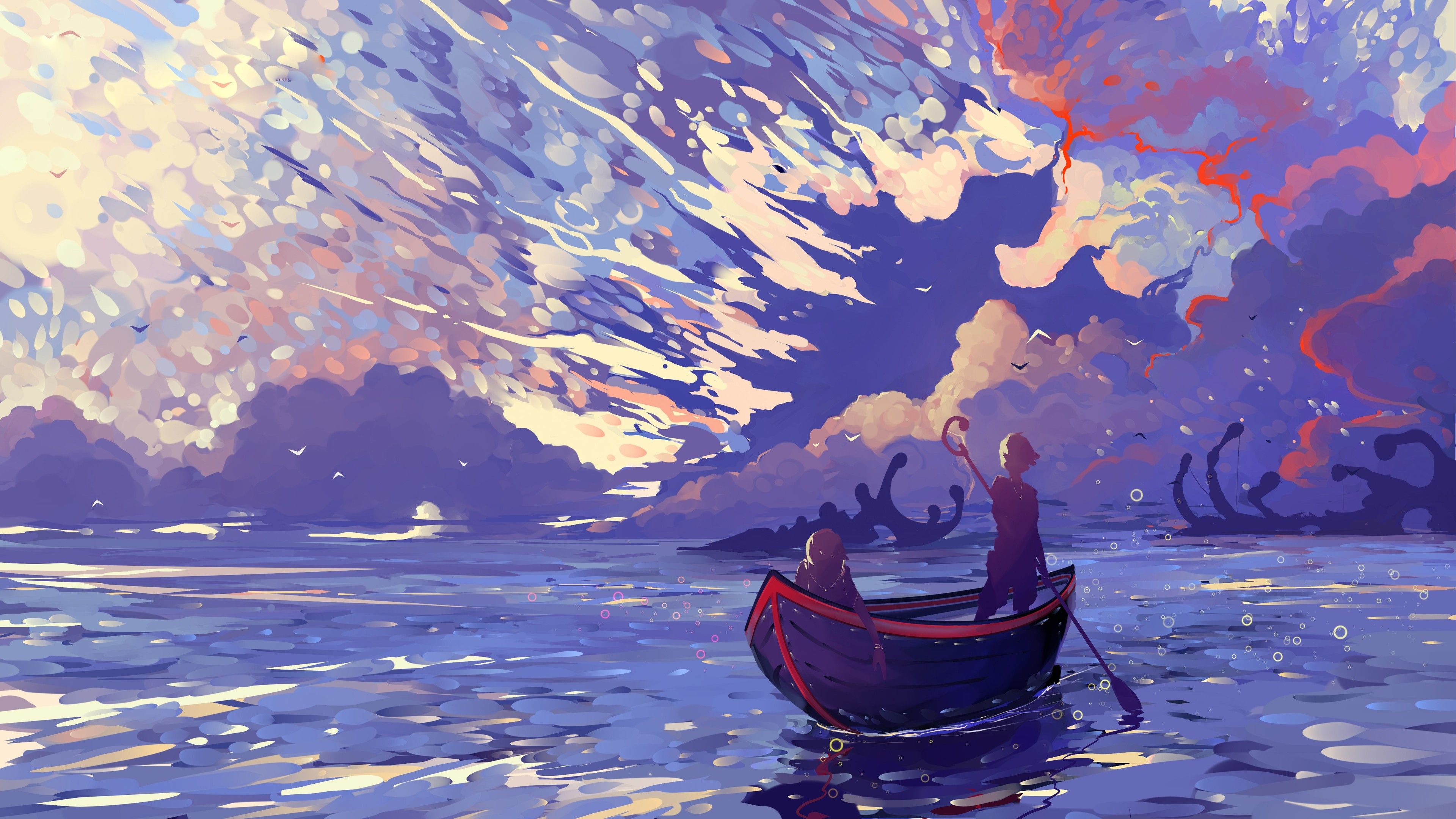 Boat And Red Cloud Art Wallpapers