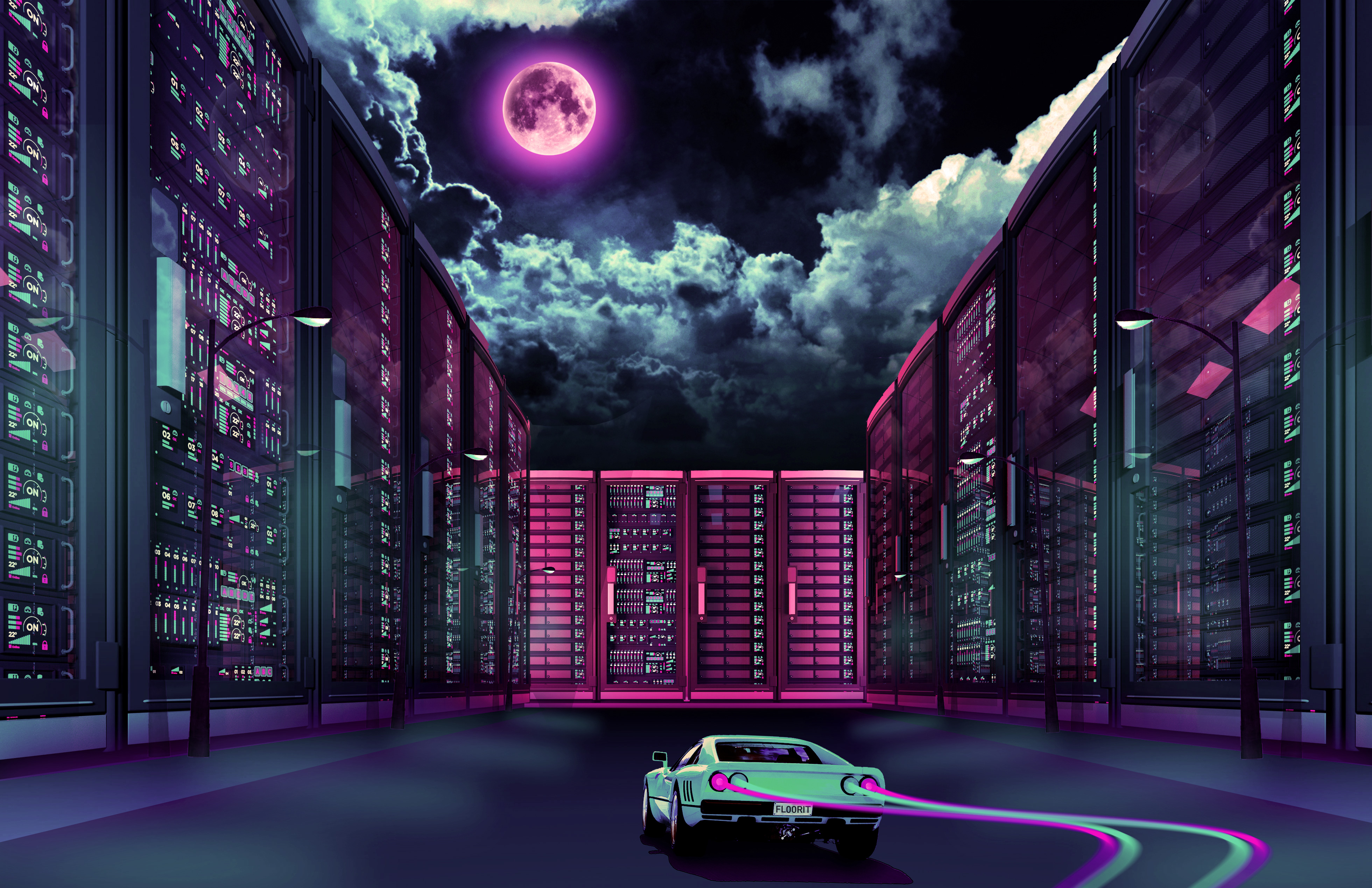 Car In Artistic City Retrowave Wallpapers