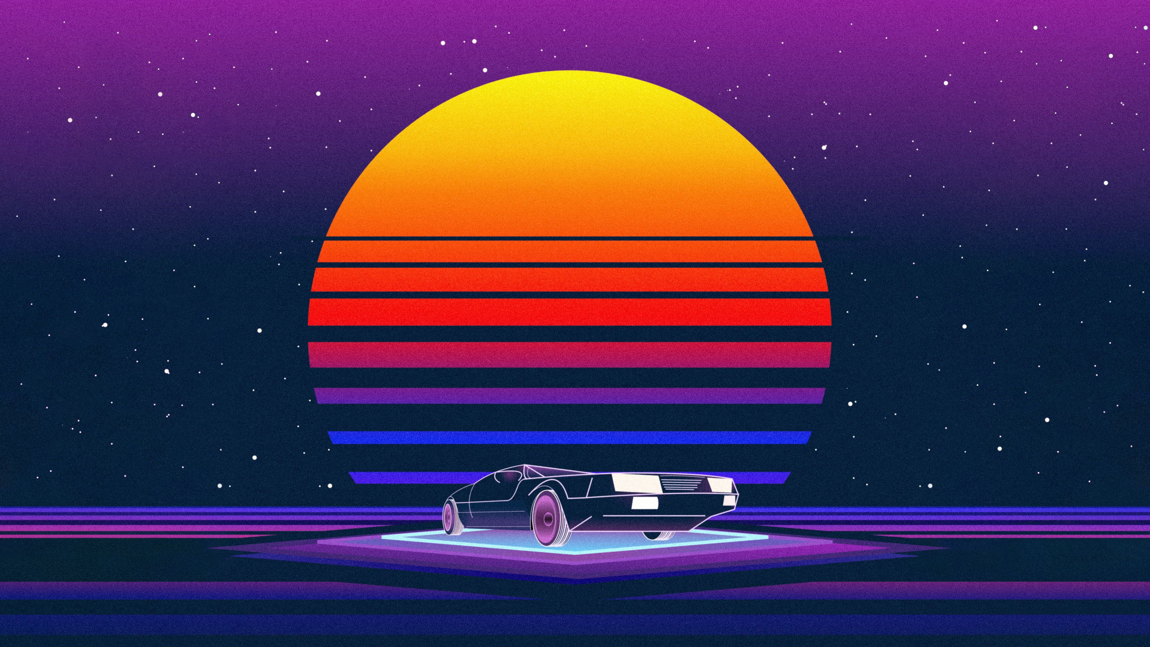 Car In Artistic City Retrowave Wallpapers