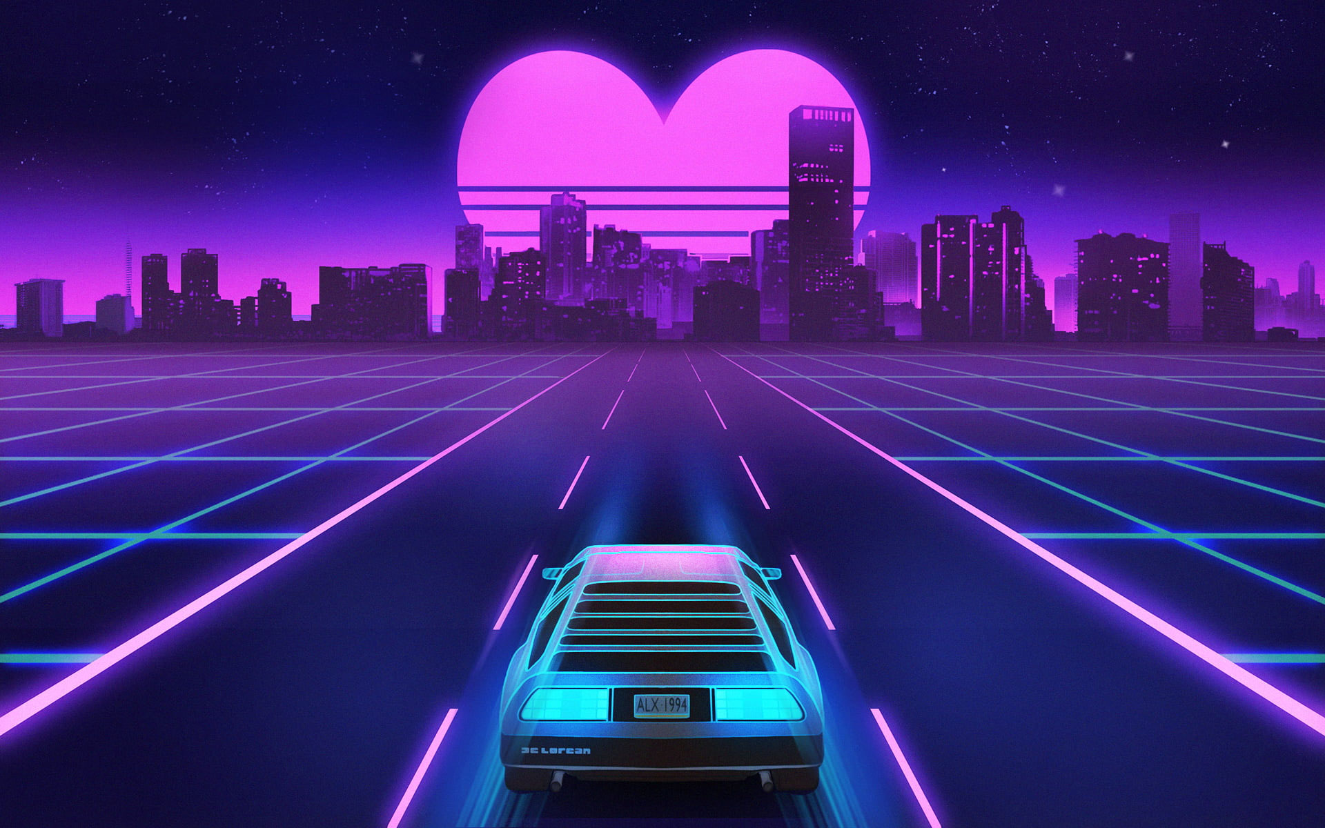 Car In Artistic City Retrowave Wallpapers