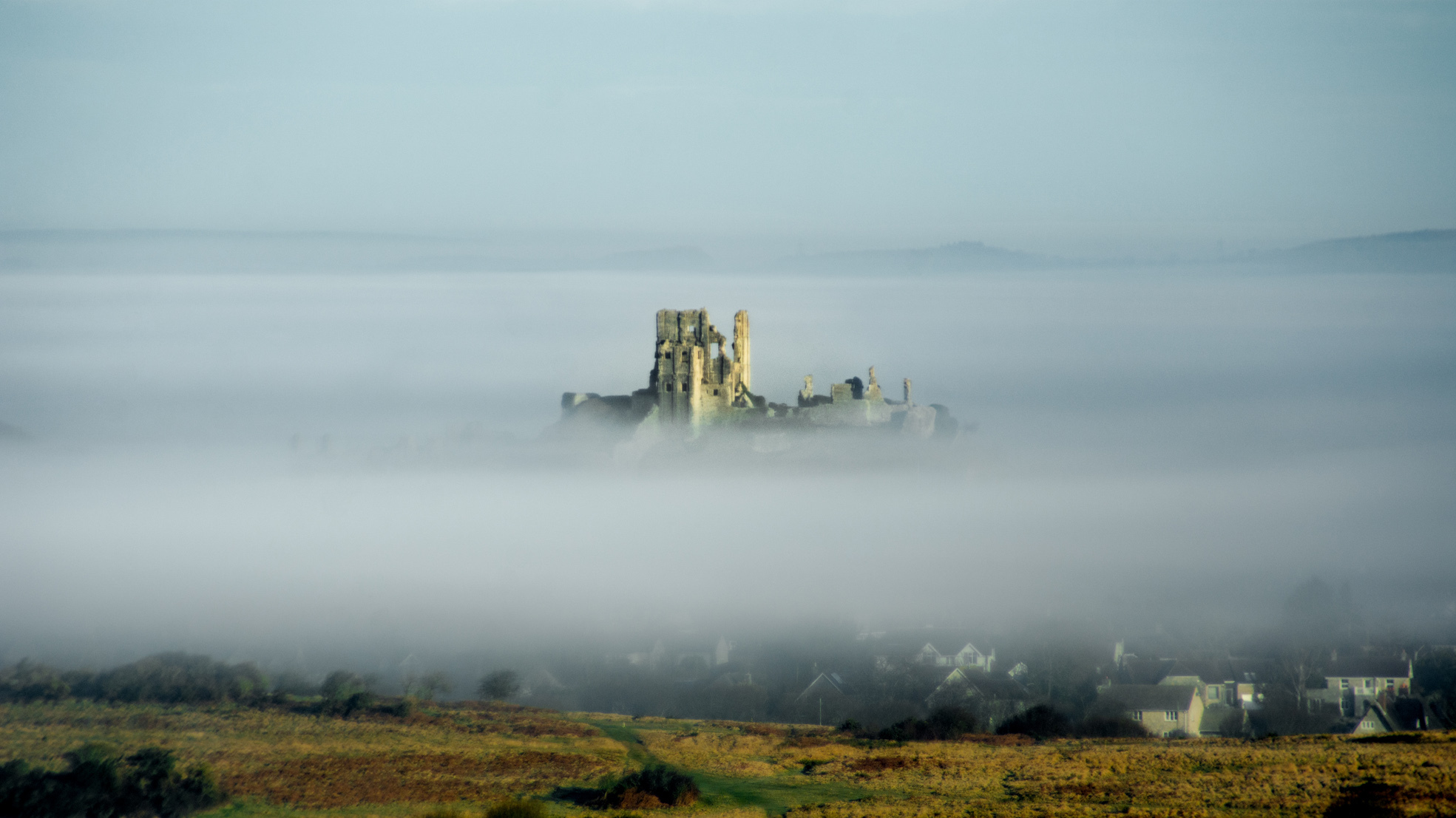 Corfe Castle Fog Day Wallpapers