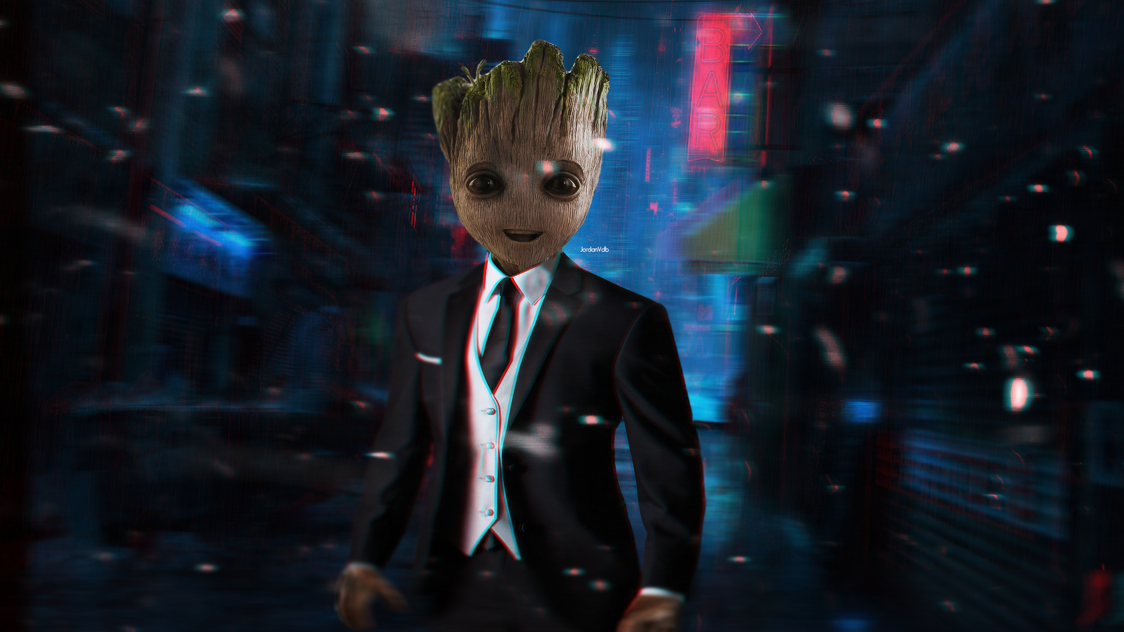 Cute Baby Groot In Suit 4K Wallpapers