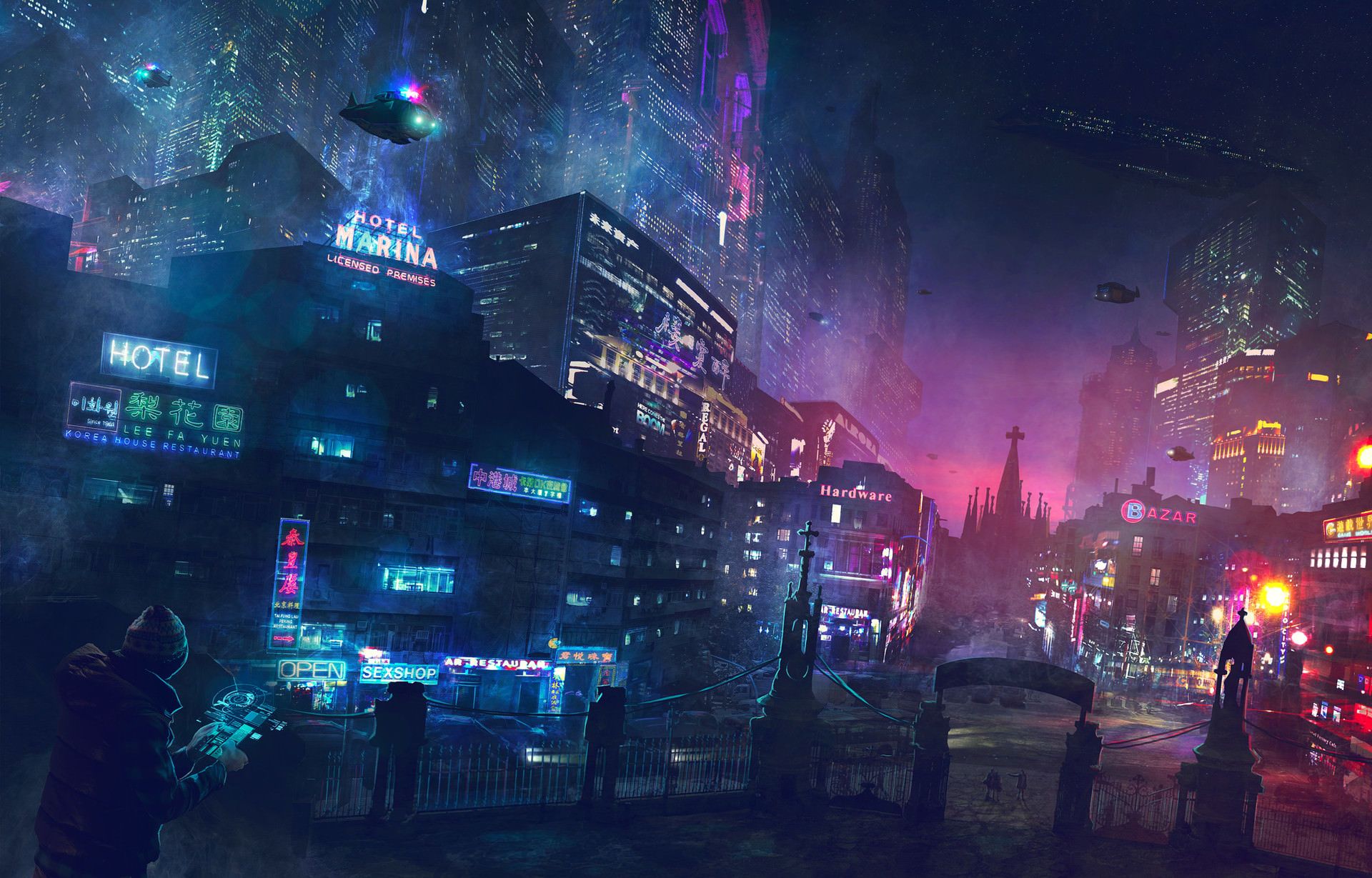 Dark Building Sci Fi Neon Sign Wallpapers