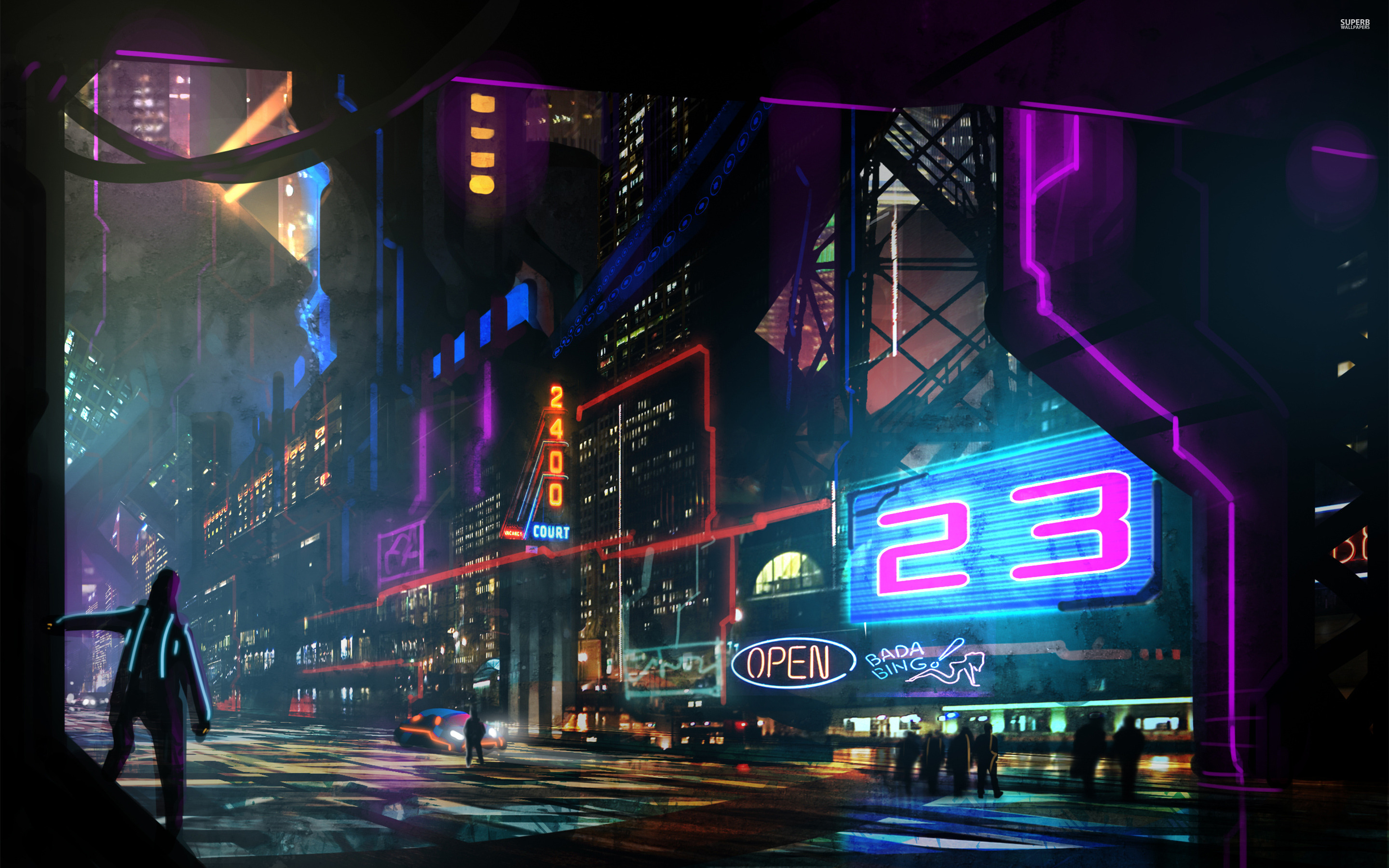 Dark Building Sci Fi Neon Sign Wallpapers