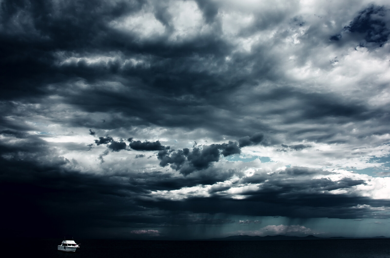 Dark Evening Blue Cloudy Alone Boat In Ocean Wallpapers