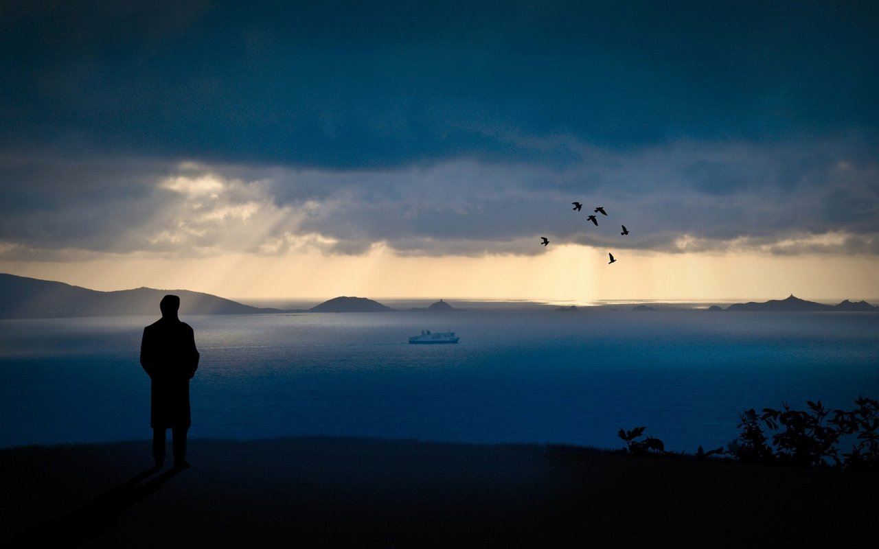 Dark Evening Blue Cloudy Alone Boat In Ocean Wallpapers