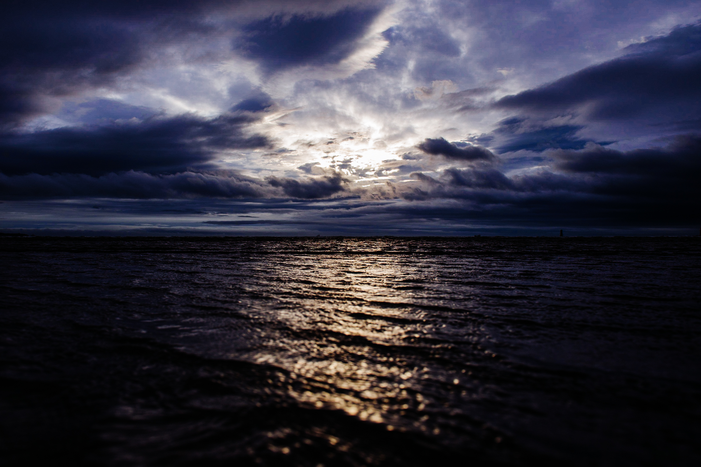 Dark Evening Blue Cloudy Alone Boat In Ocean Wallpapers