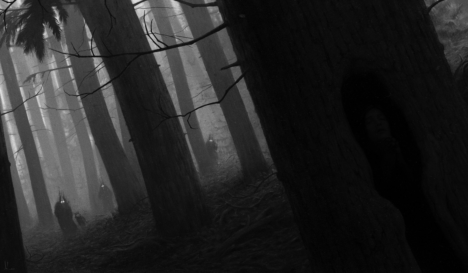 Dark Forest Background With Wolf