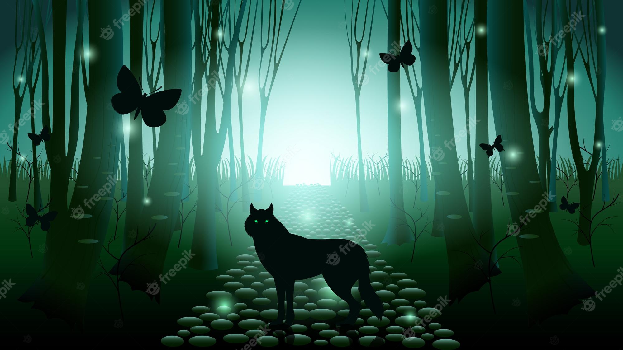 Dark Forest Background With Wolf