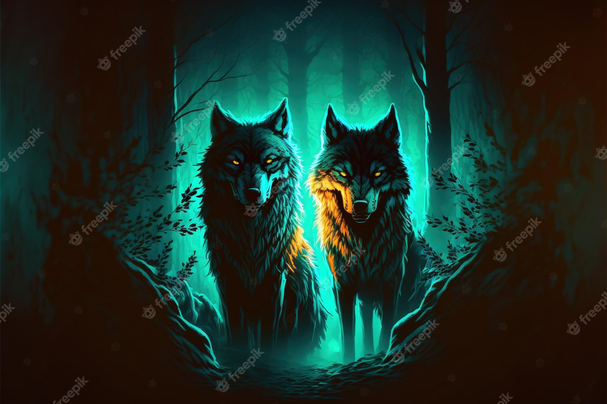 Dark Forest Background With Wolf