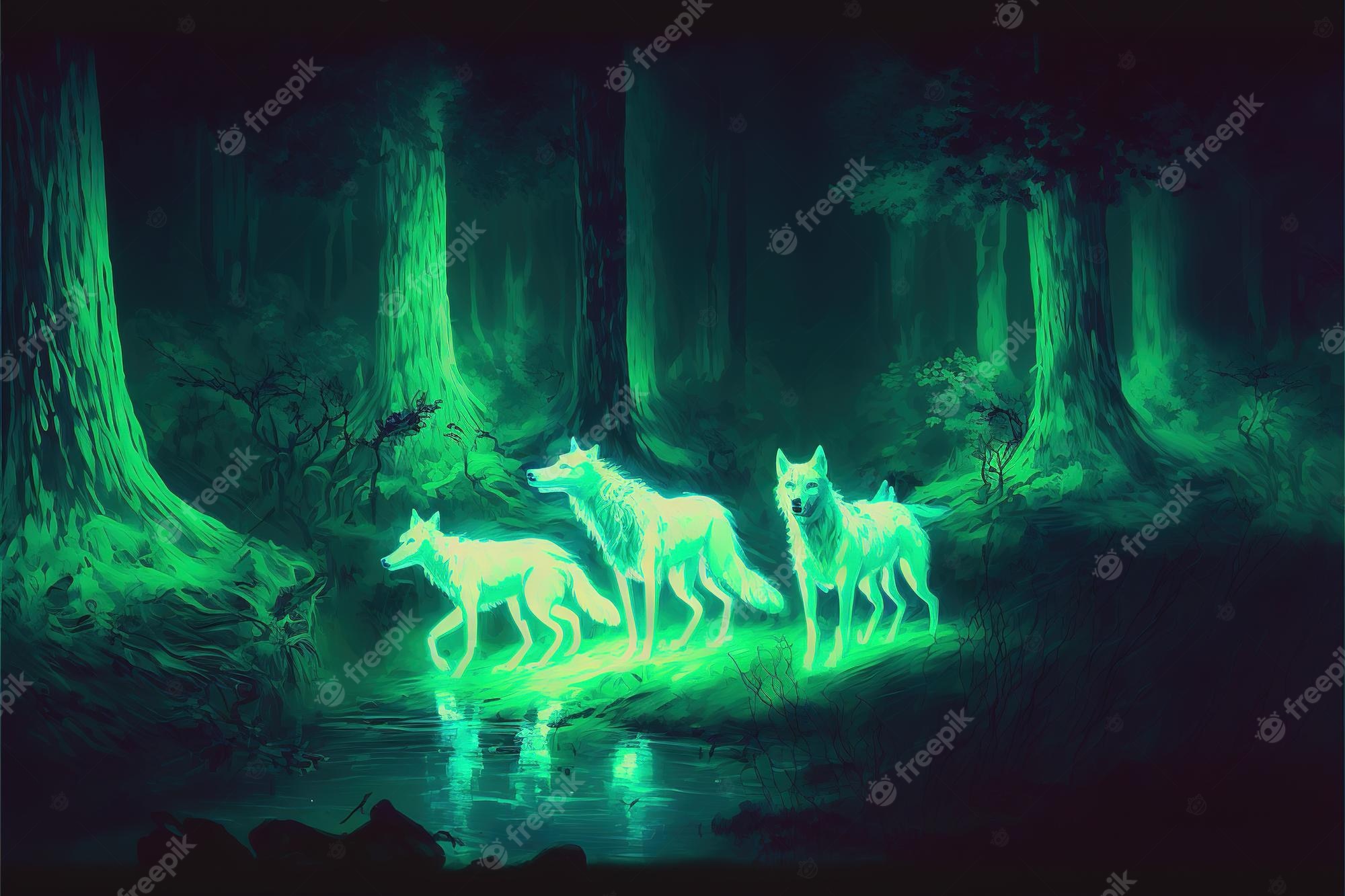 Dark Forest Background With Wolf