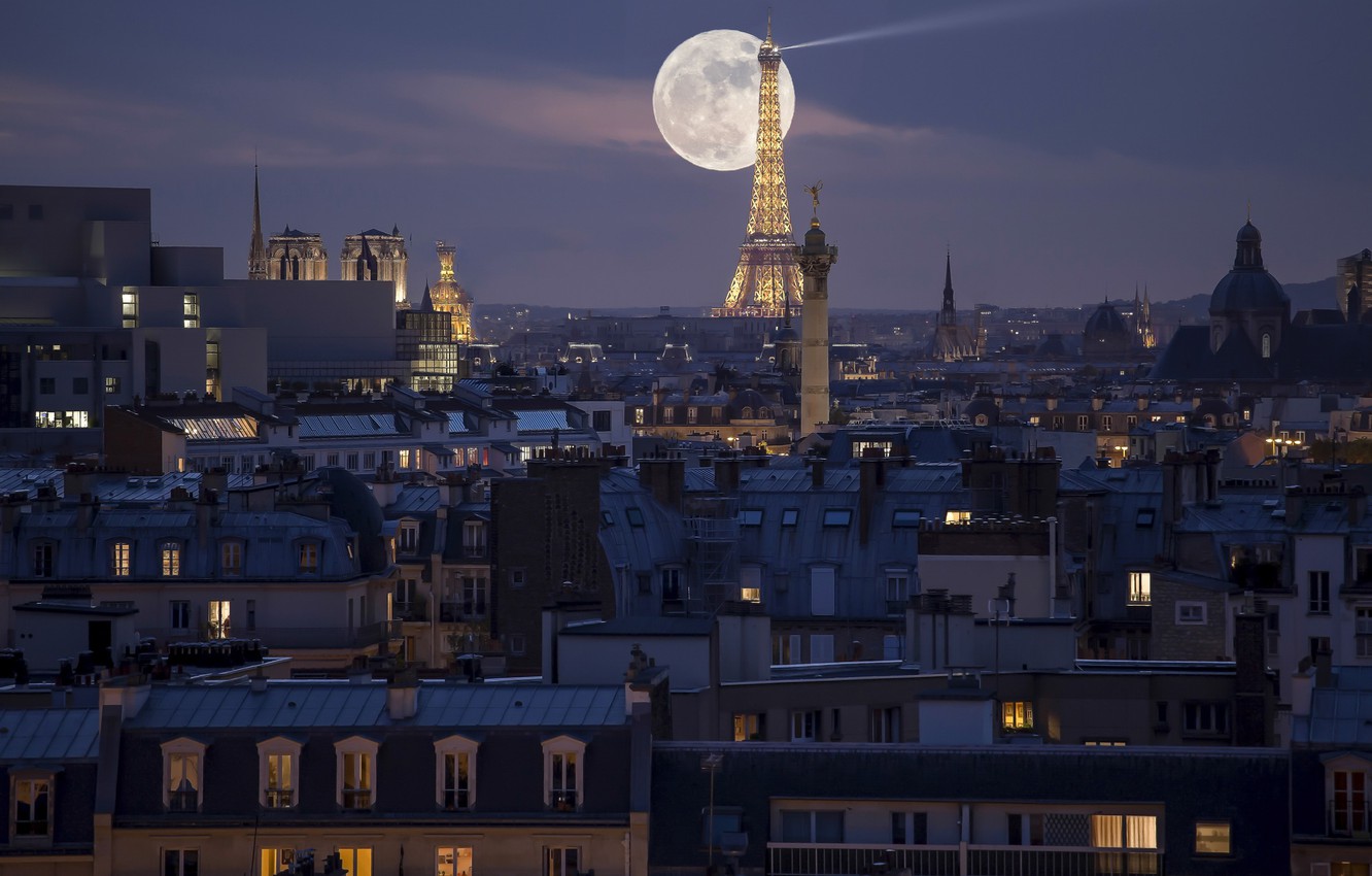 Eiffel Tower Cityscape In Moon Night Wallpapers