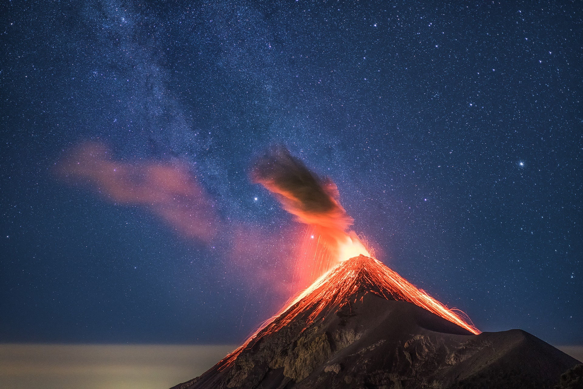 Erupting Volcano With Milky Way As A Back Drop Wallpapers