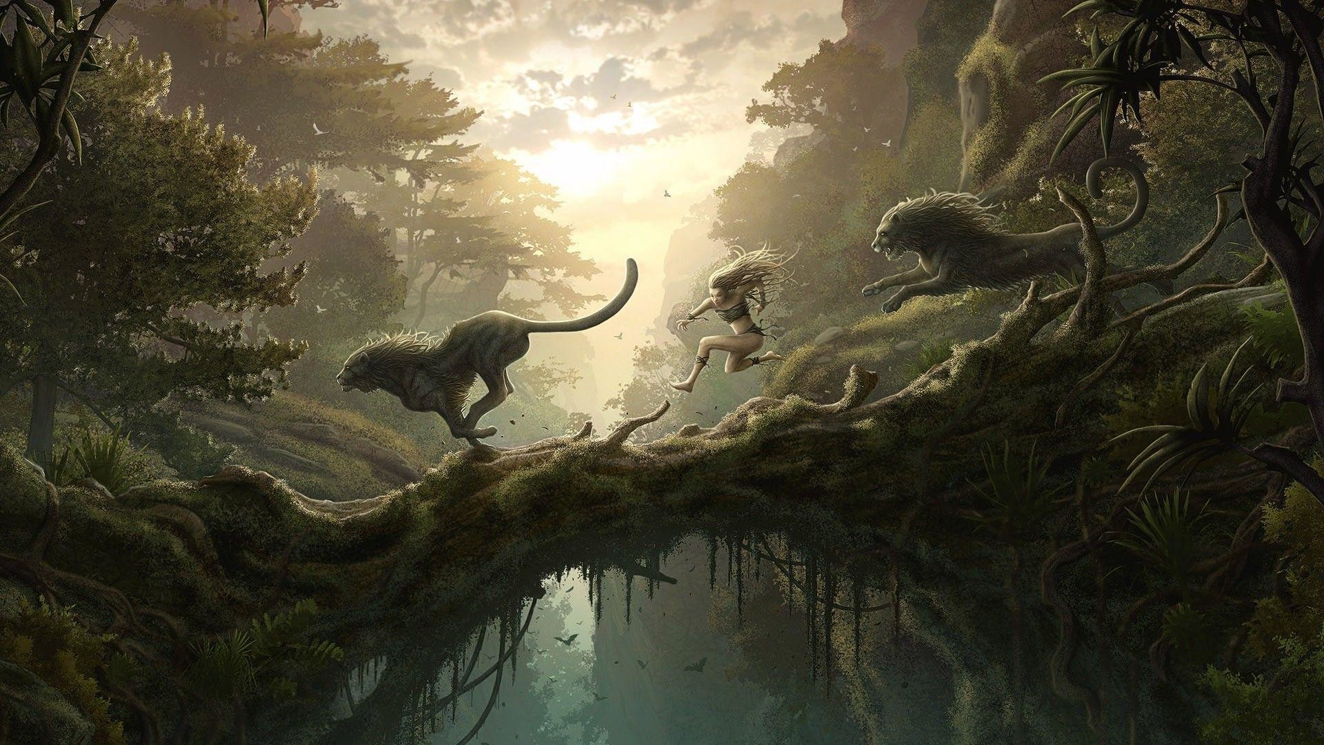 Fantasy Dinosaur And Man Fight
 Wallpapers