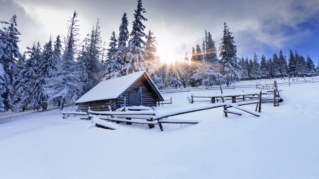 Forest House Covered In Snow 4K Wallpapers