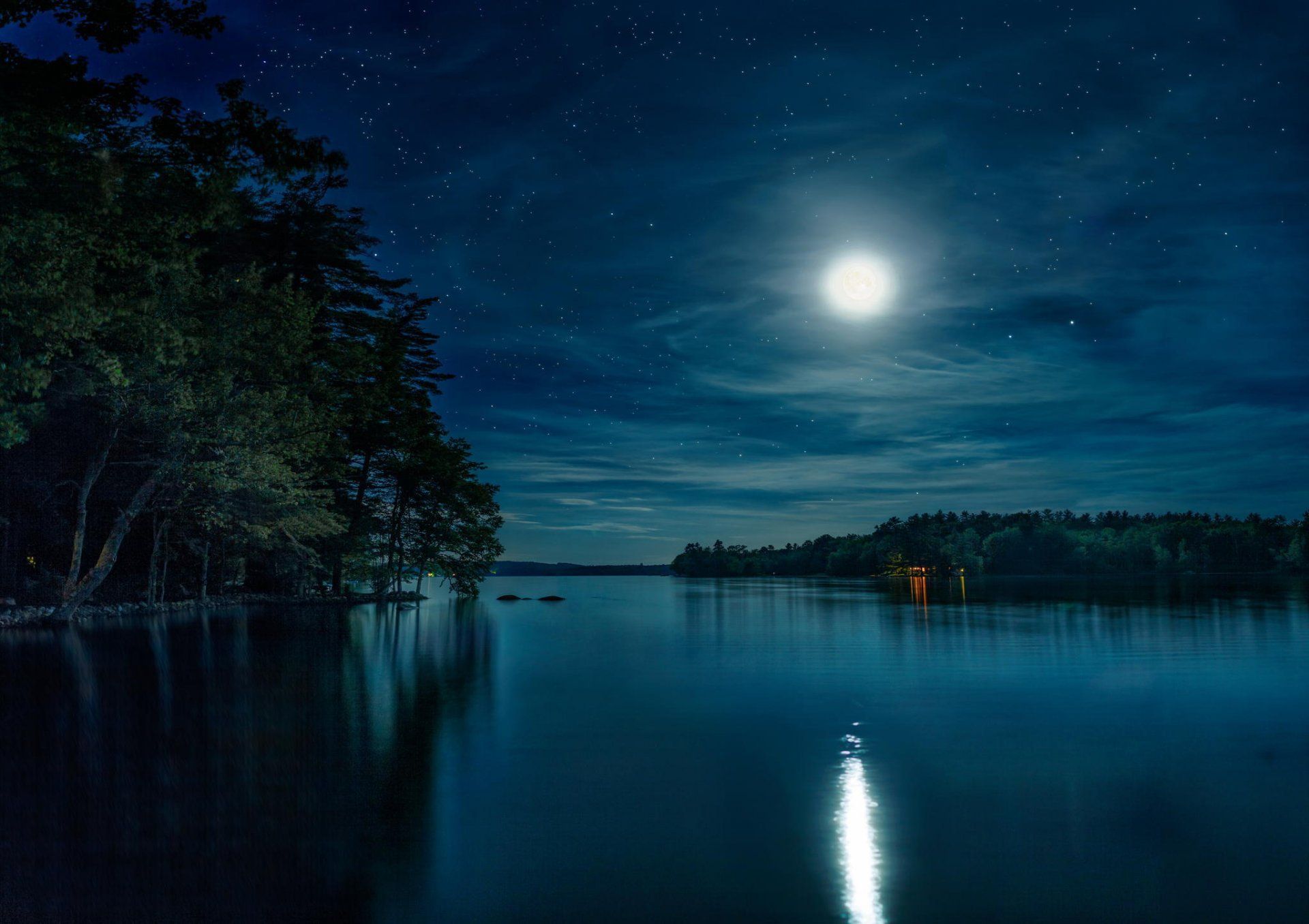 Full Moon Night Near Lake Wallpapers